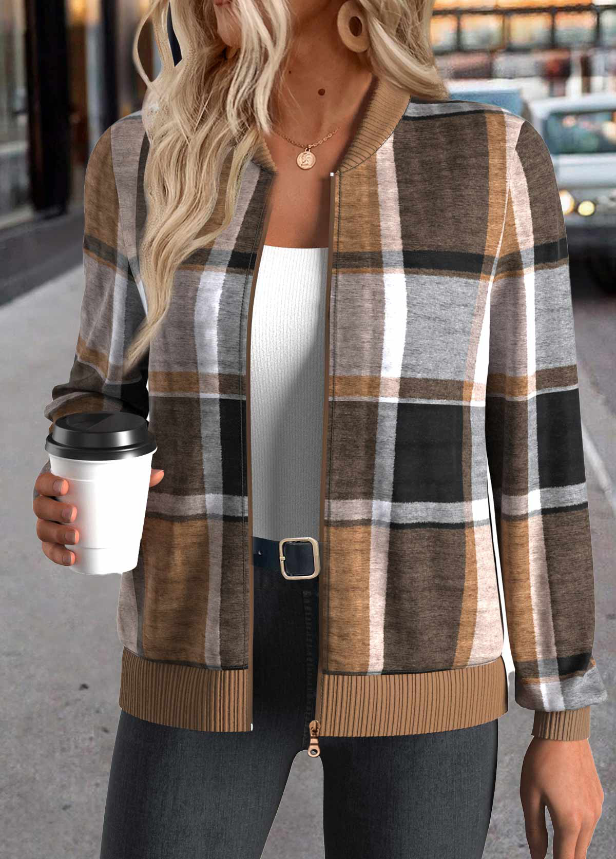 Dark Coffee Zipper Plaid Long Sleeve Stand Collar Jacket | picture 1