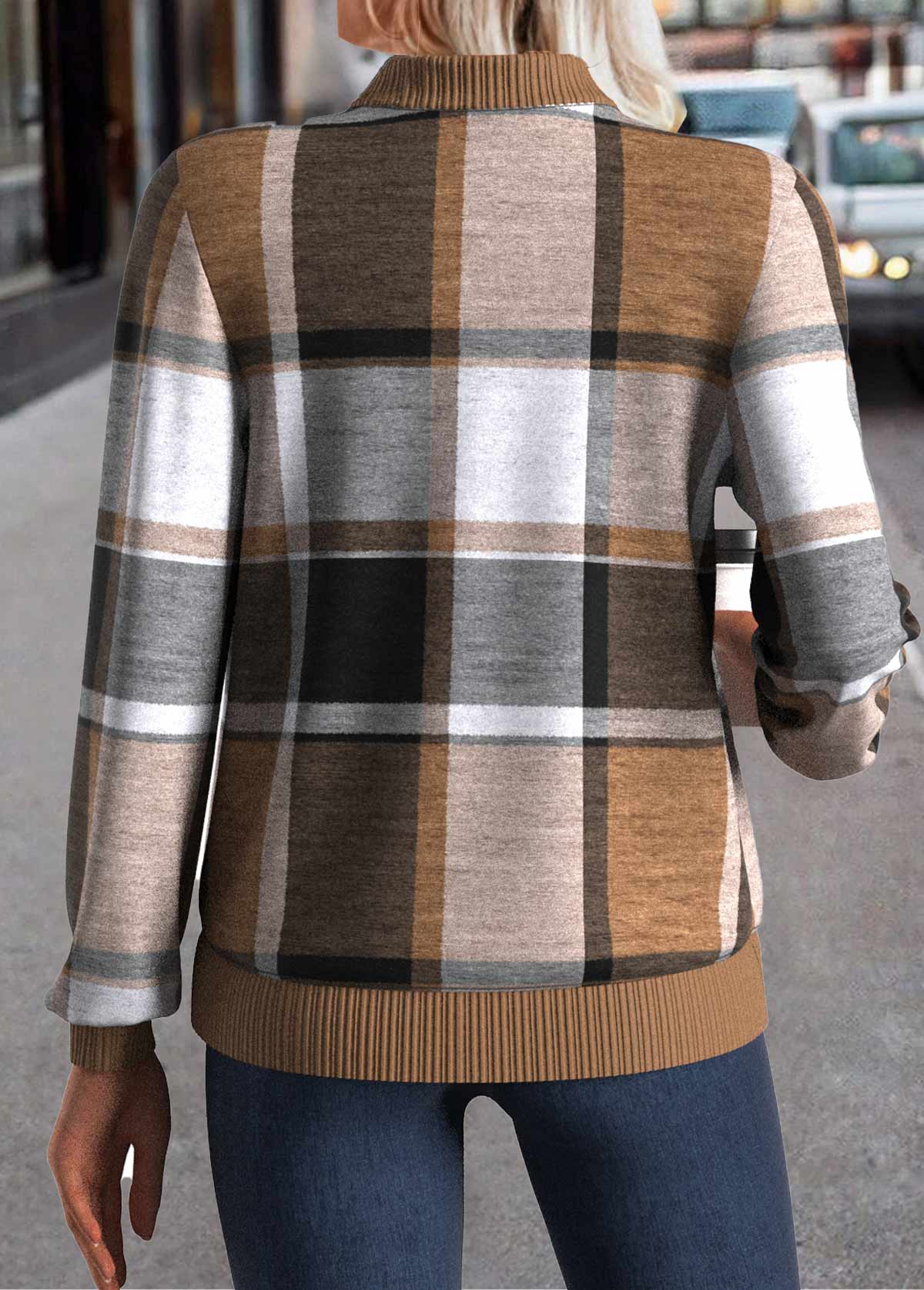 Dark Coffee Zipper Plaid Long Sleeve Stand Collar Jacket | picture 2