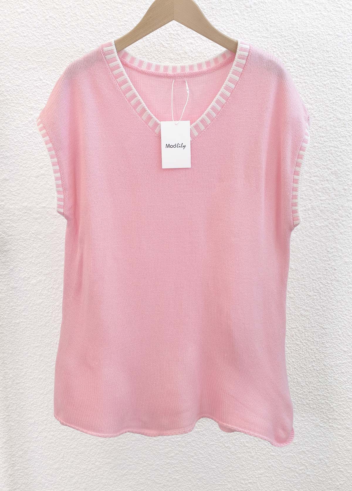 Pink Short Sleeve V Neck T Shirt | picture 4