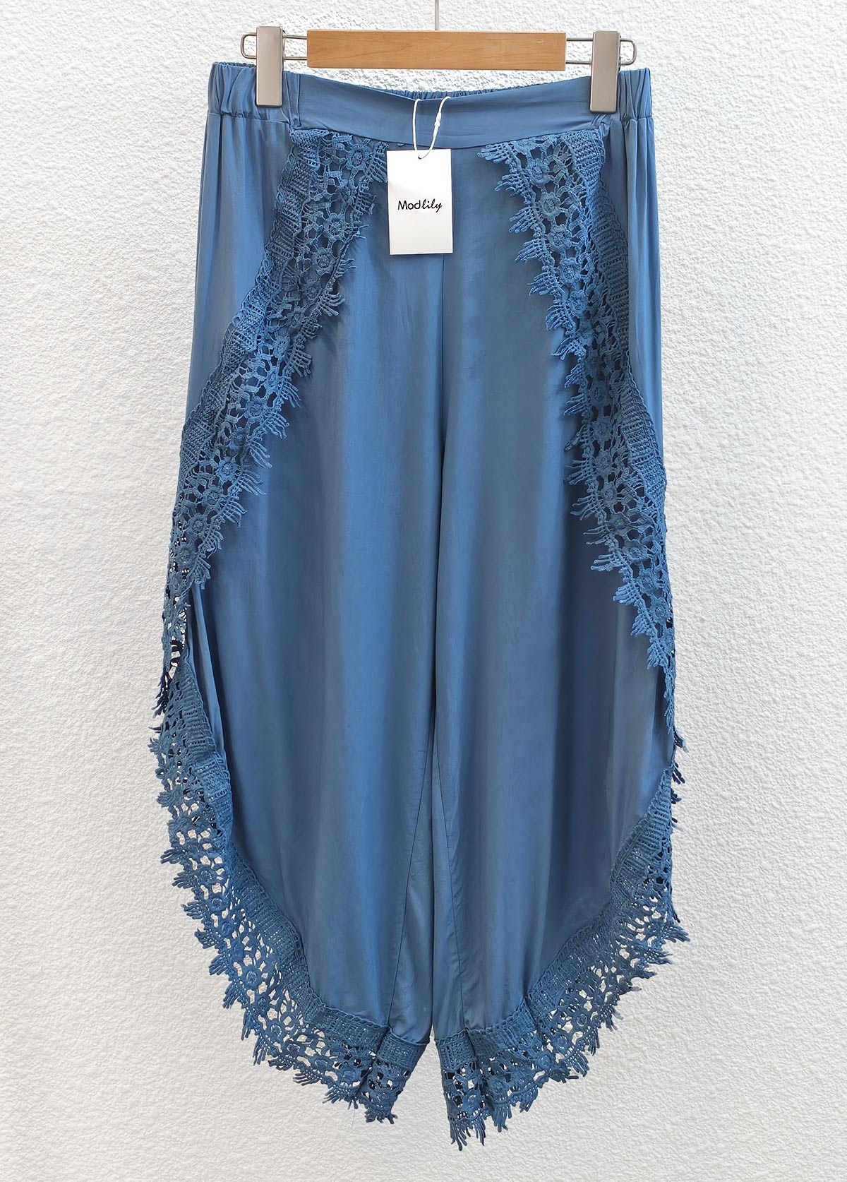 Denim Blue Wide Leg Elastic Waist Mid Waisted Pants | picture 4