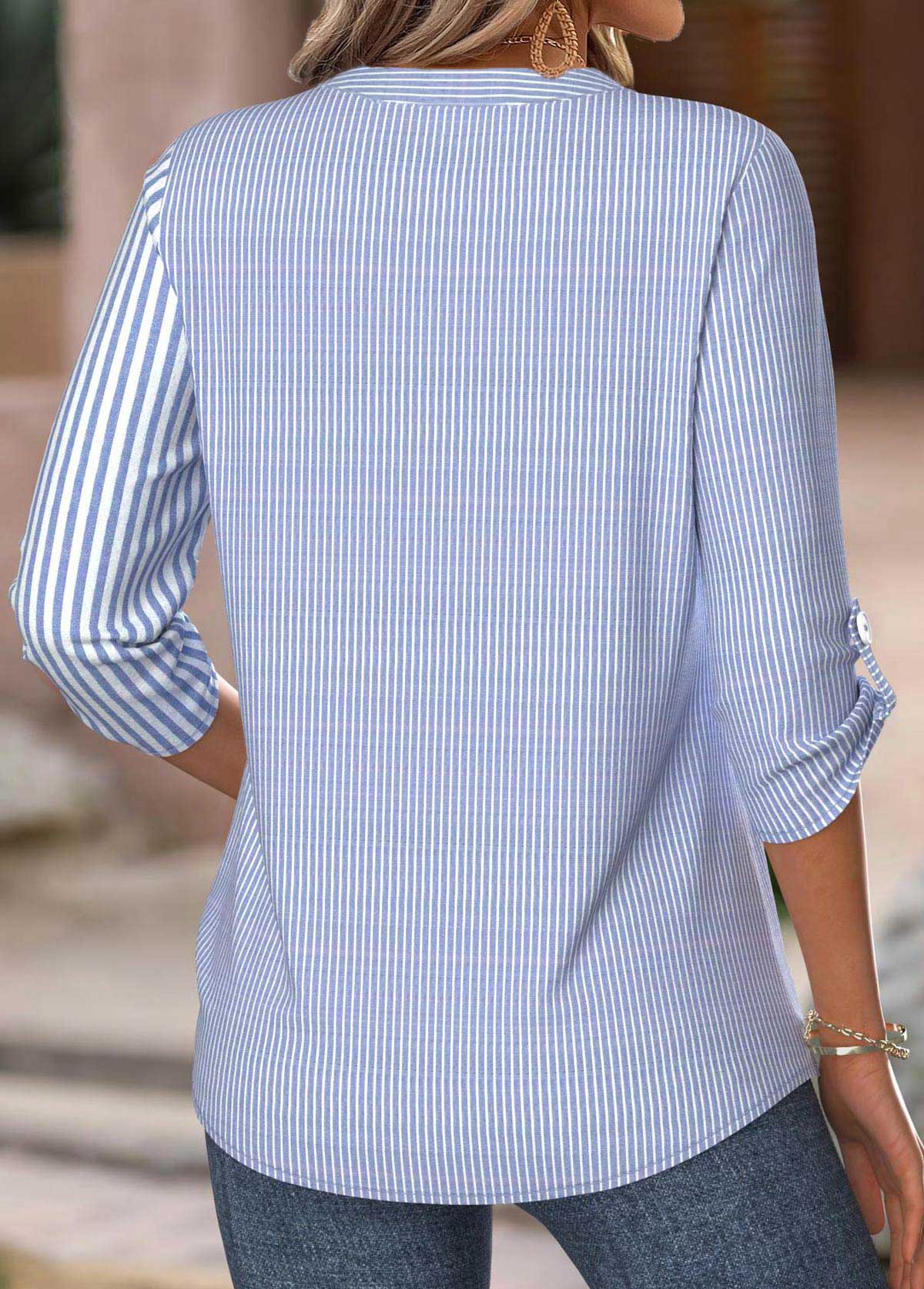 Blue Striped 3/4 Sleeve Split Neck Shirt | picture 
