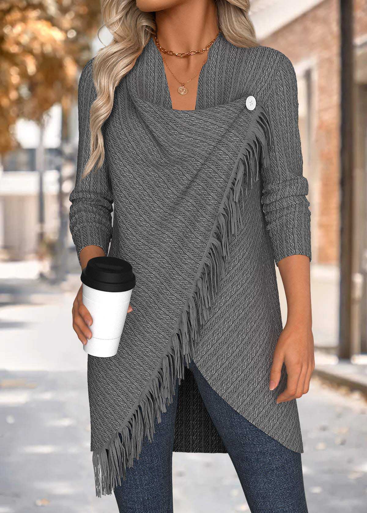 Grey Tummy Coverage Long Sleeve Draped Neck Coat | picture 1