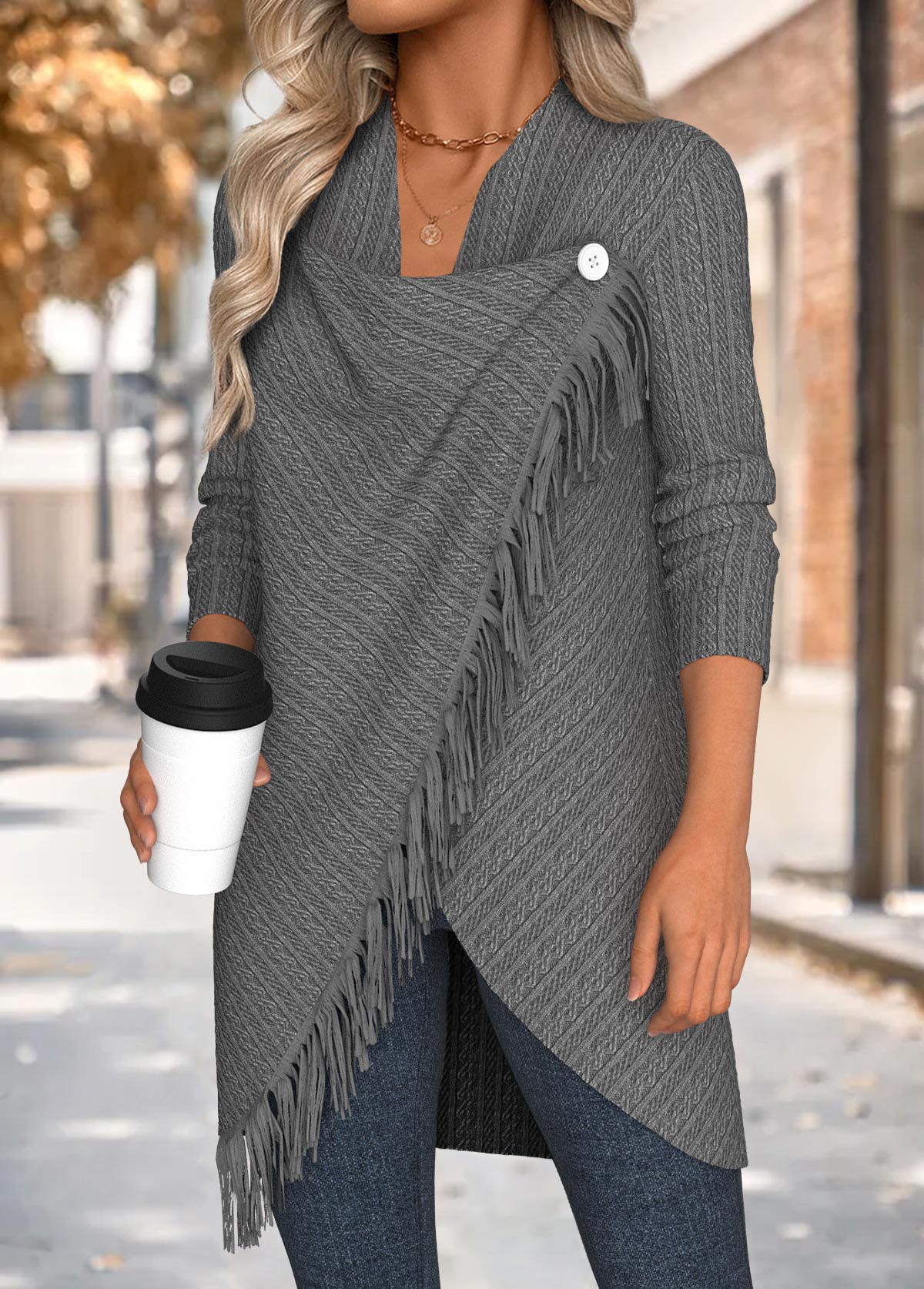 Grey Tummy Coverage Long Sleeve Draped Neck Coat | picture 3
