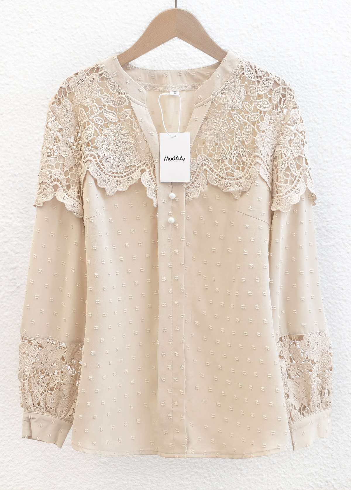 Beige Tummy Coverage Long Sleeve Split Neck Blouse | picture 