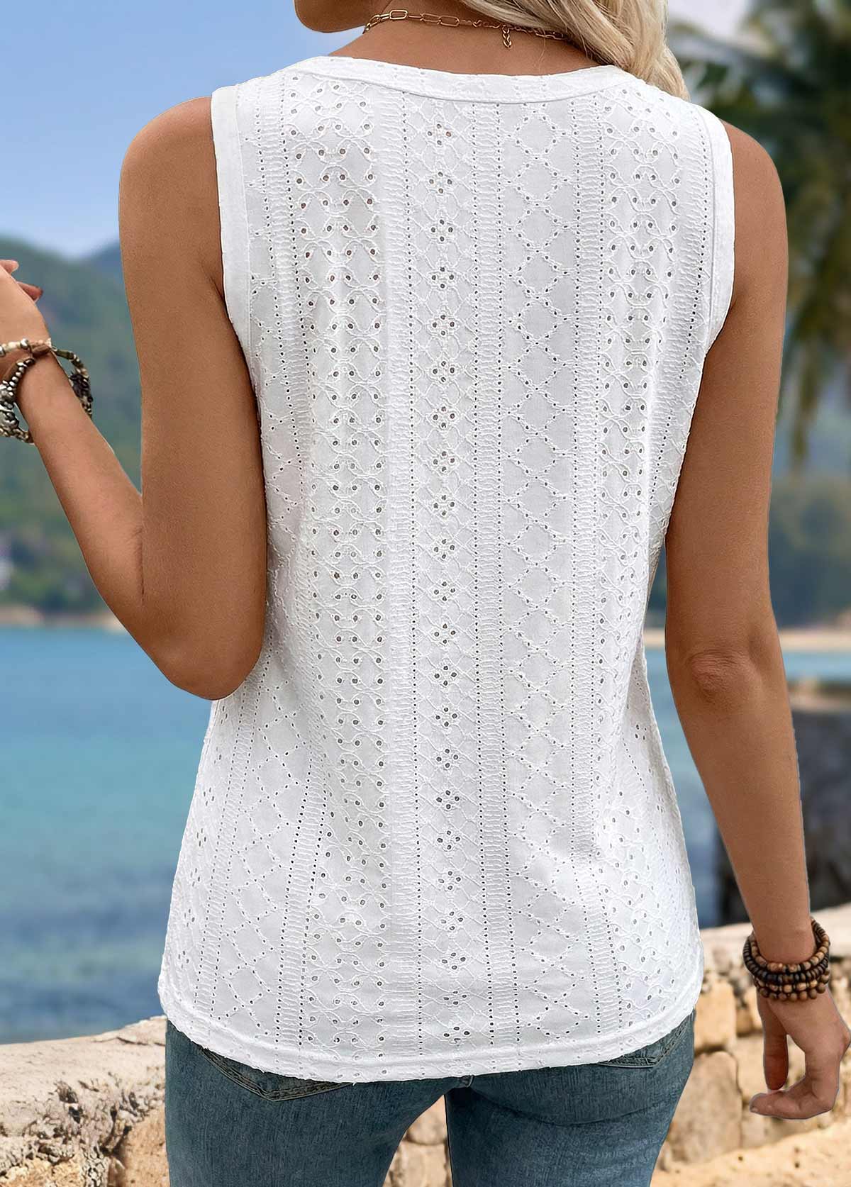 White Button Sleeveless V Neck Tank Top | picture 