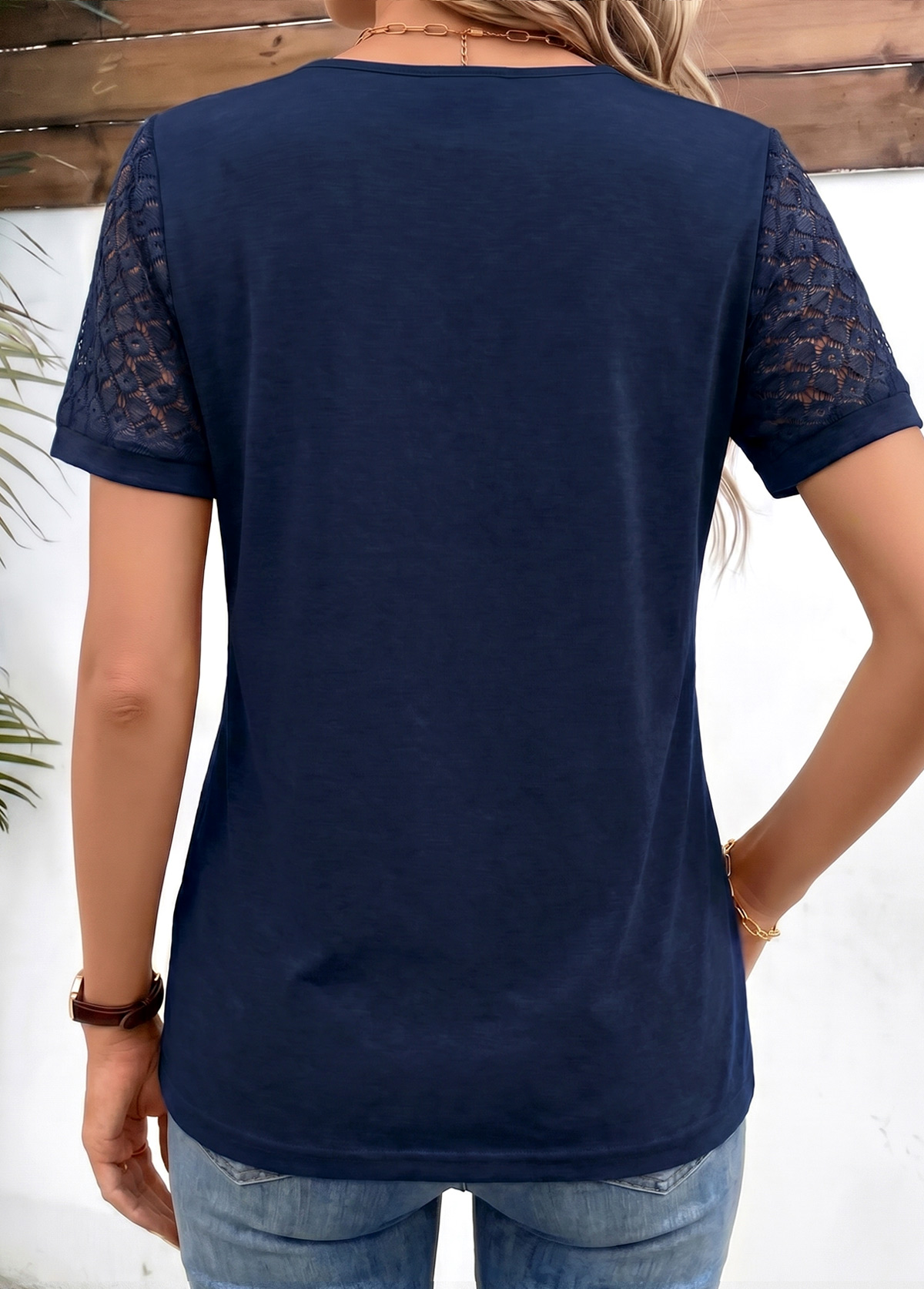 Navy Patchwork Short Sleeve Round Neck T Shirt | picture 