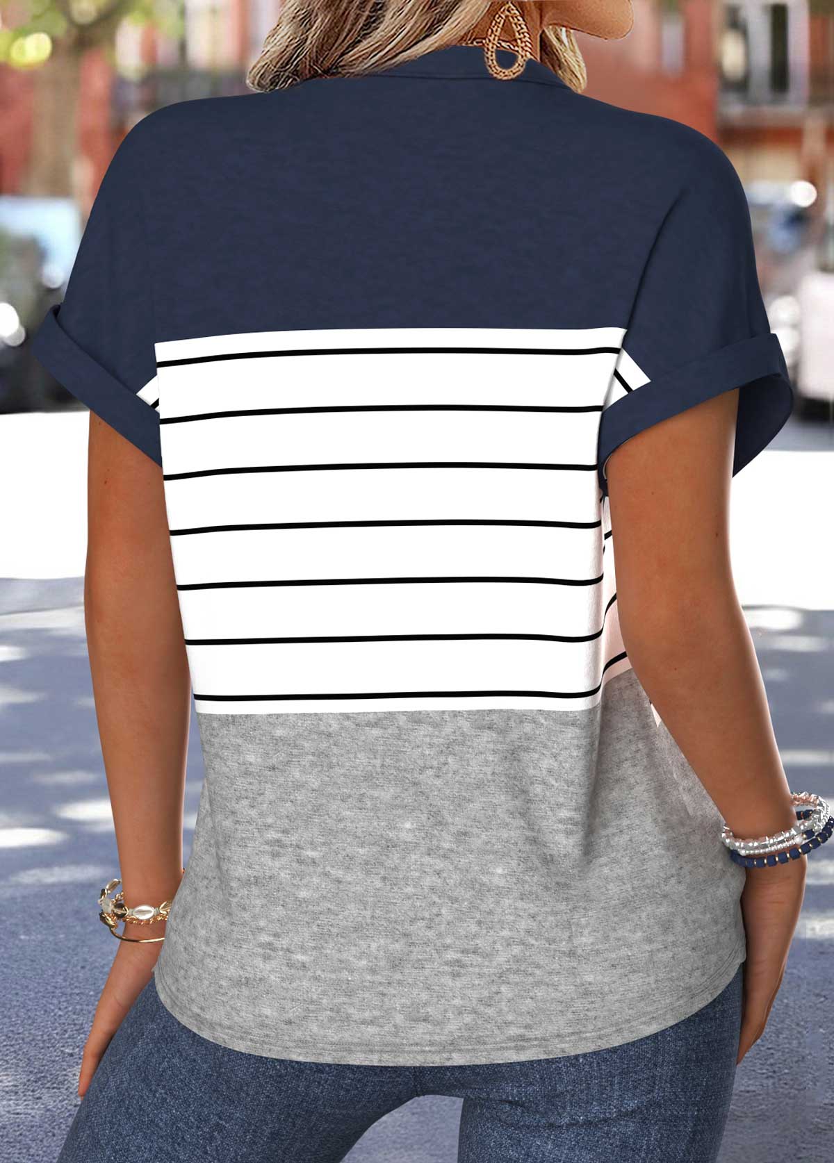 Navy Striped Patchwork Short Sleeve Split Neck Blouse | picture 