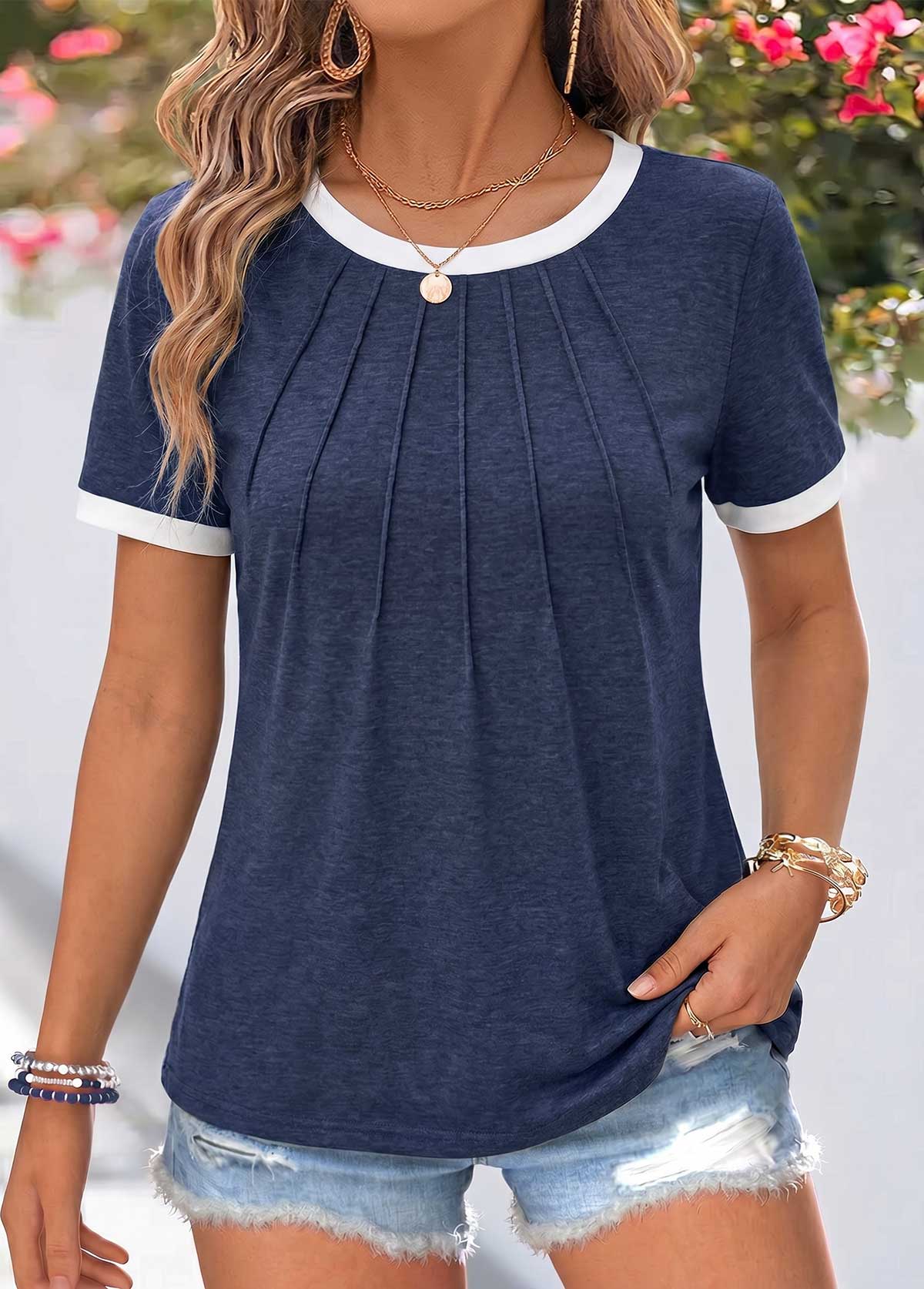 Navy Patchwork Short Sleeve Round Neck T Shirt | picture 