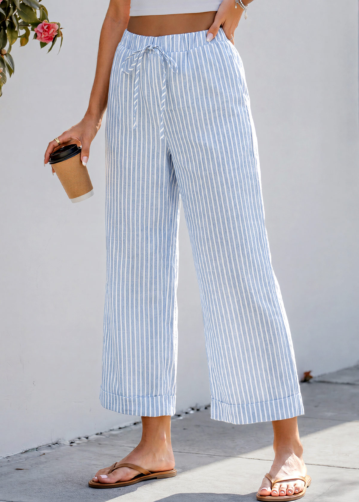 Blue Striped Wide Leg Elastic Waist High Waisted Pants | picture 