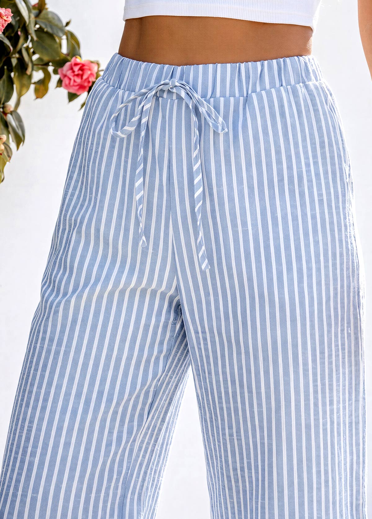 Blue Striped Wide Leg Elastic Waist High Waisted Pants | picture 