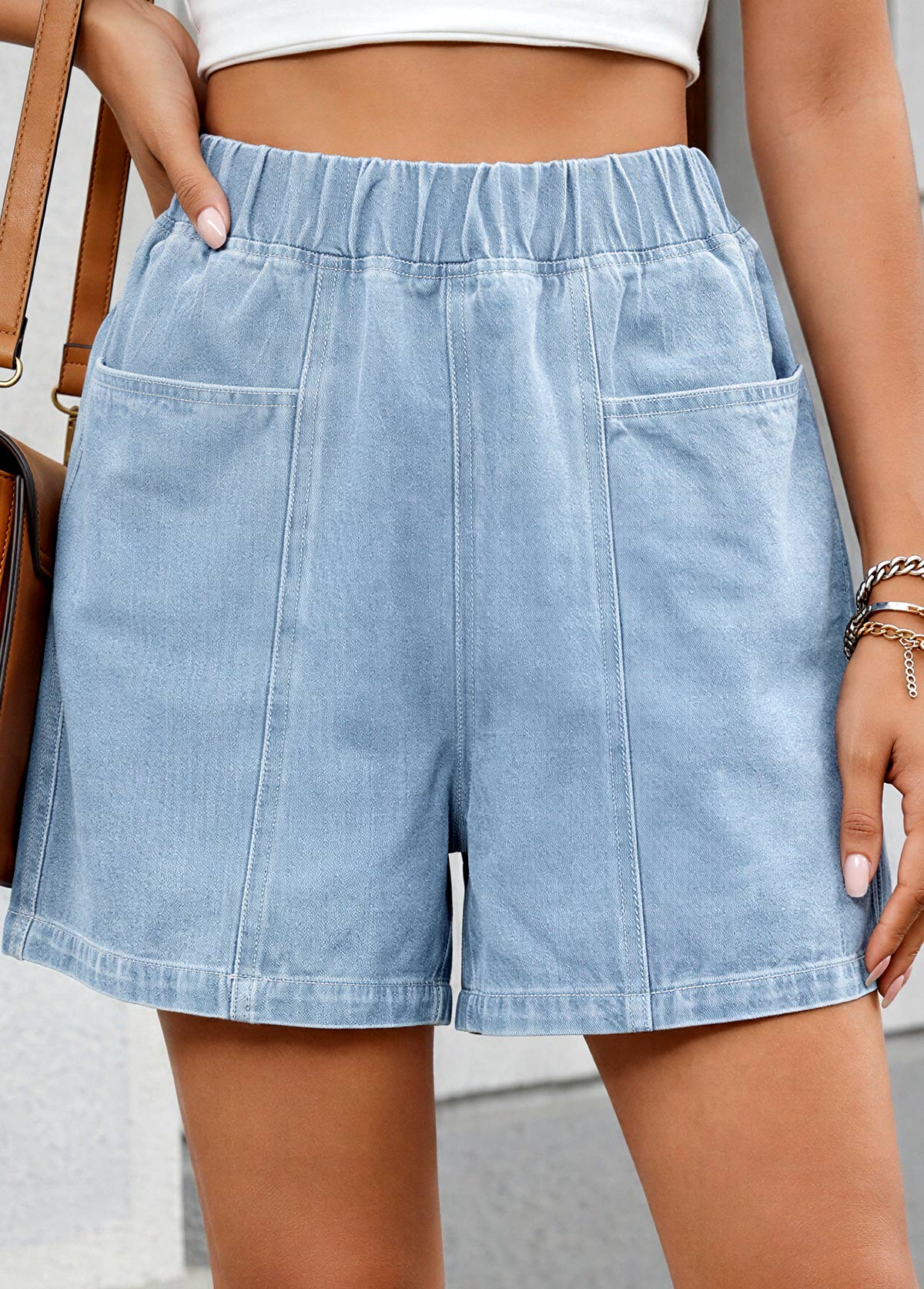 Denim Blue Wide Leg Elastic Waist High Waisted Shorts | picture 