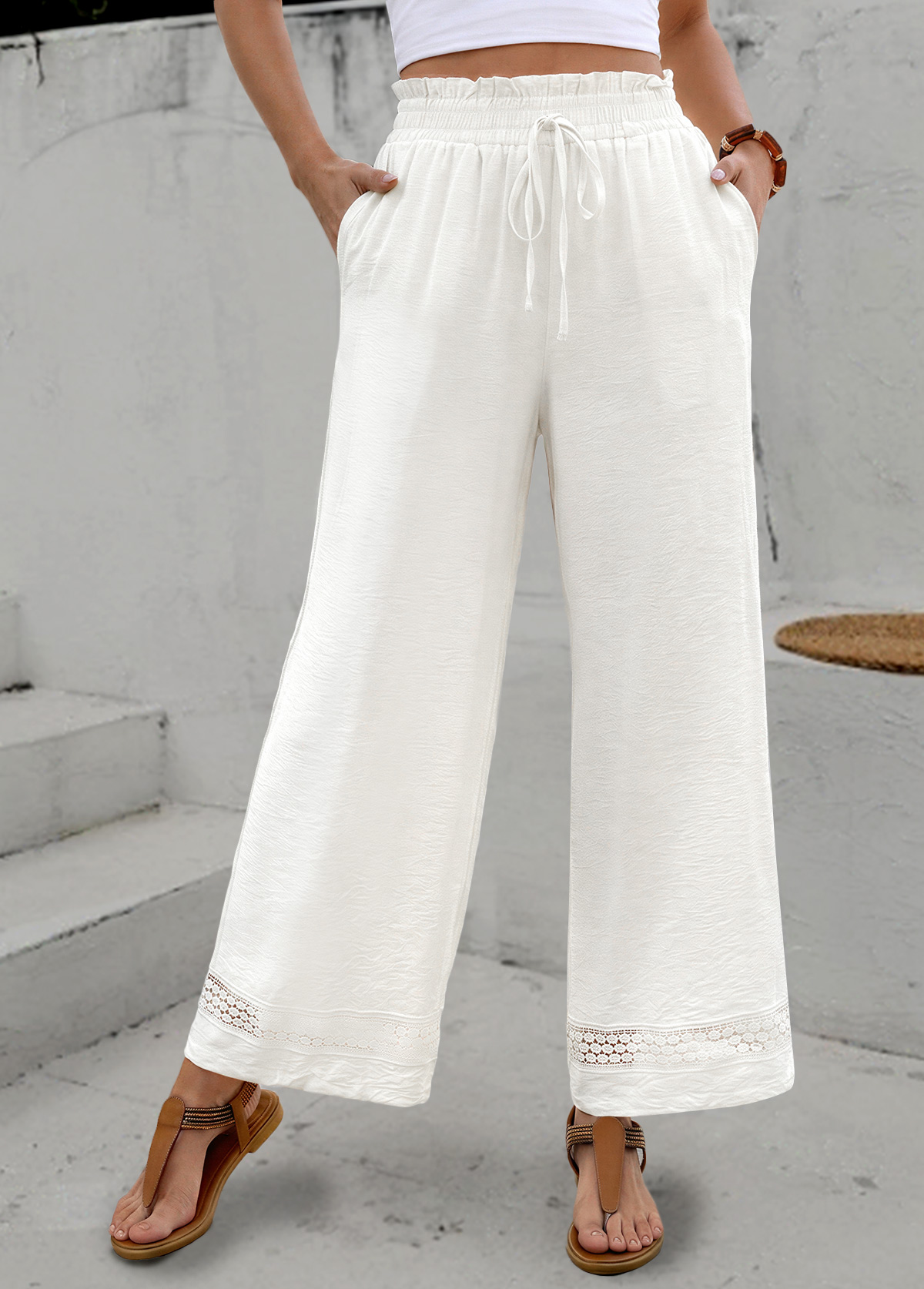 Modlily White Elastic Waist High Waisted Pants - L
