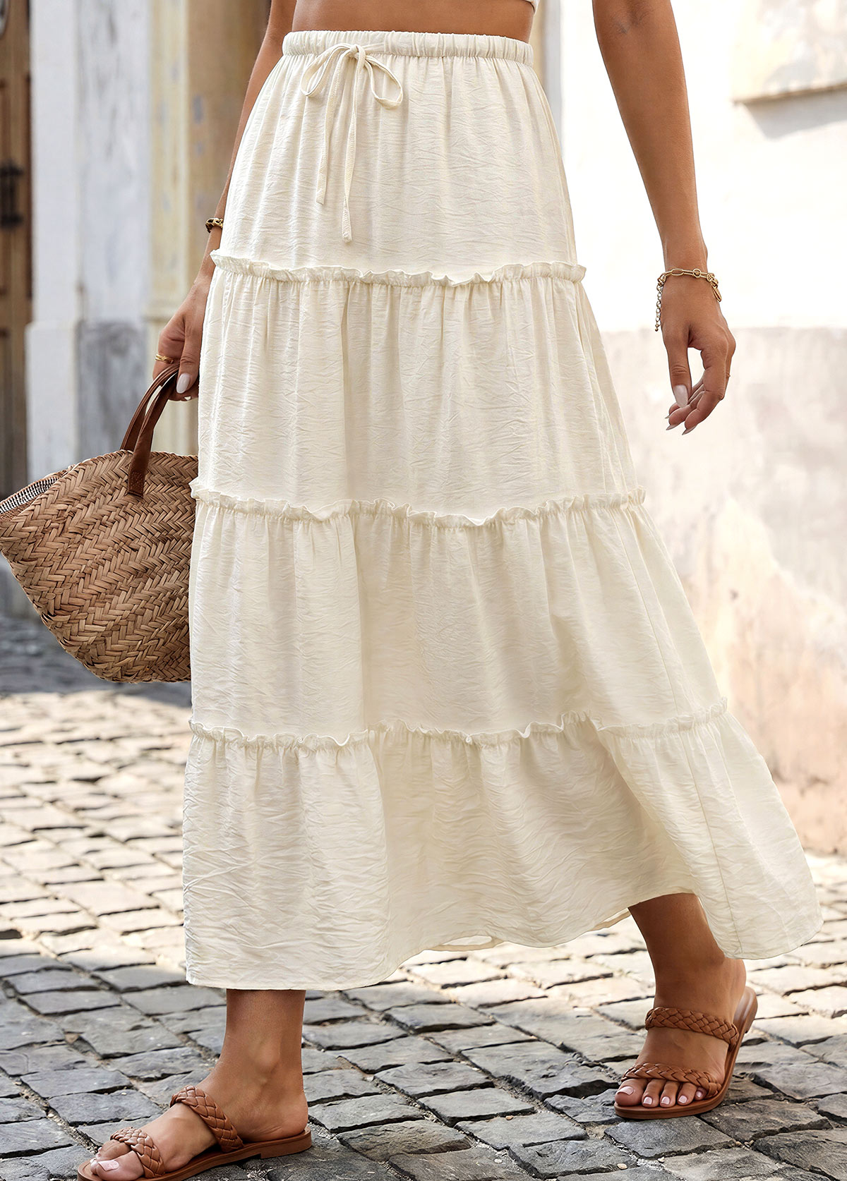 Beige A Line Elastic Waist Maxi Skirt | picture 