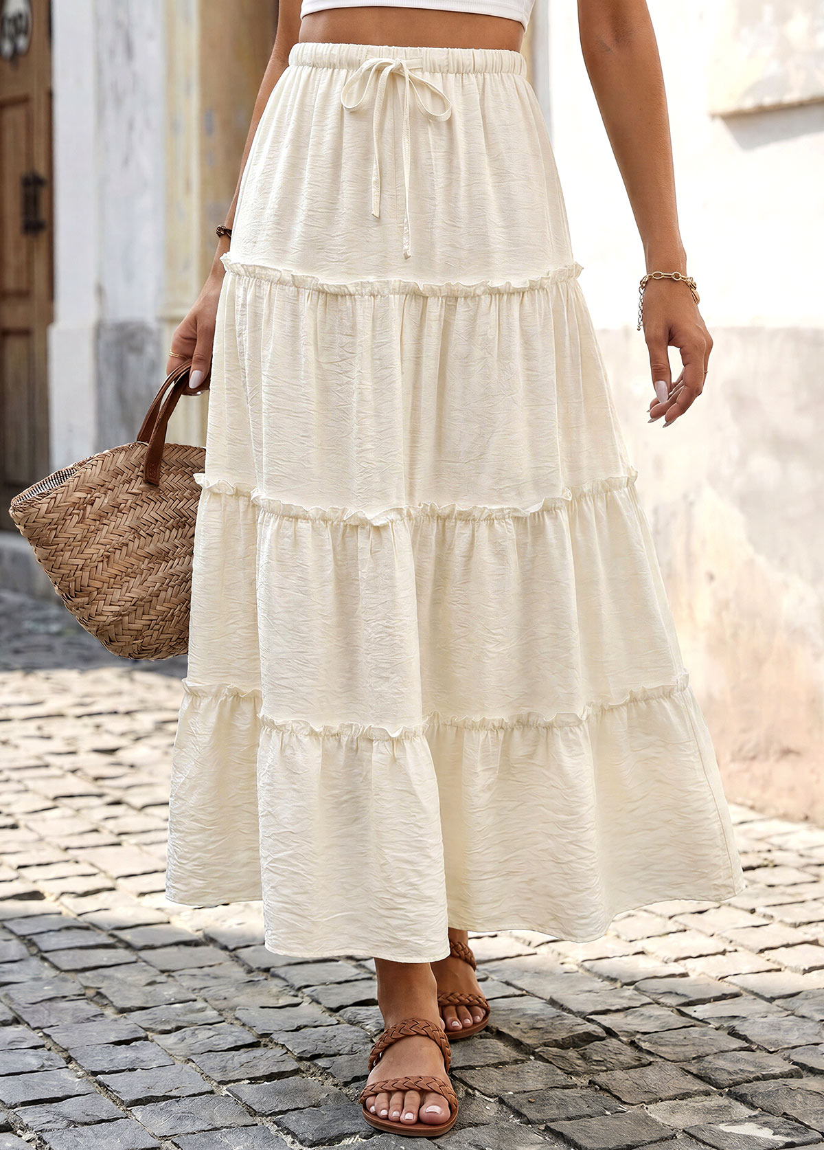 Beige A Line Elastic Waist Maxi Skirt | picture 