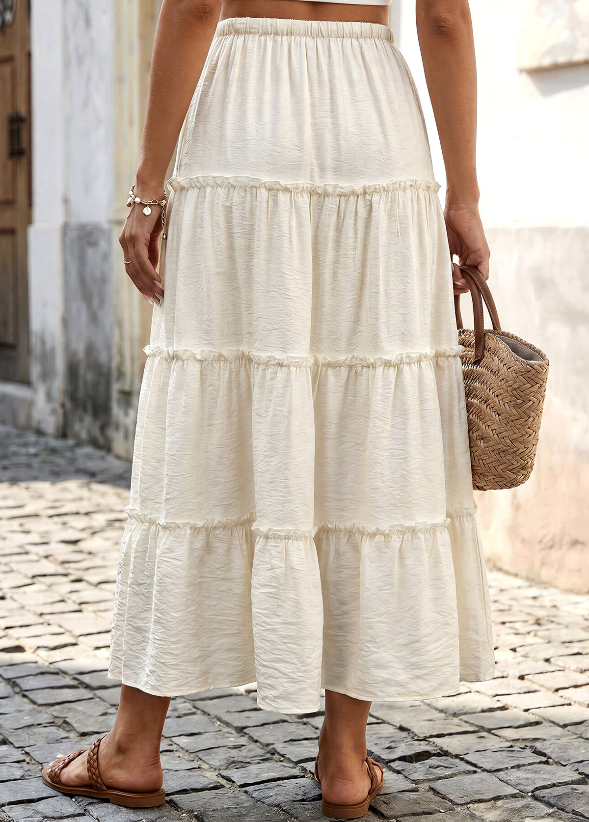 Beige A Line Elastic Waist Maxi Skirt | picture 