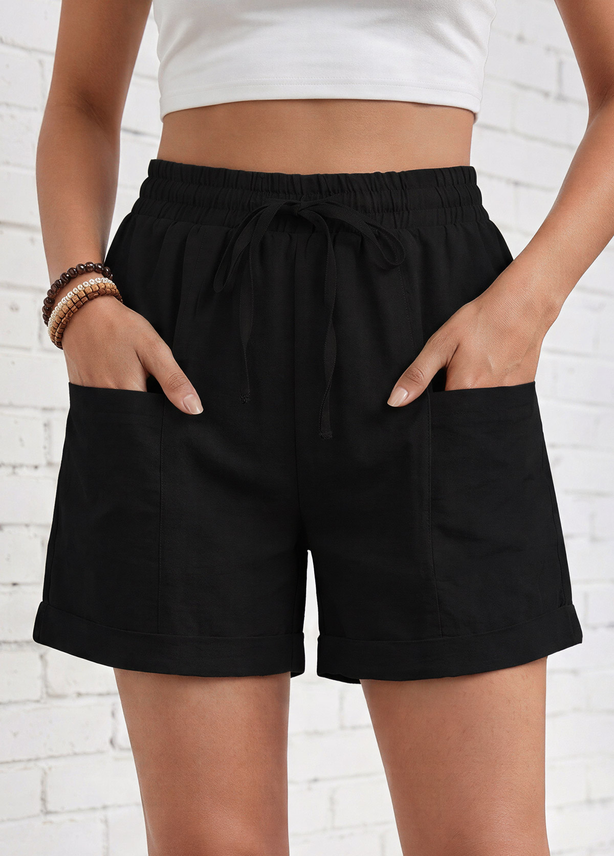 Black Elastic Waist High Waisted Shorts | picture 