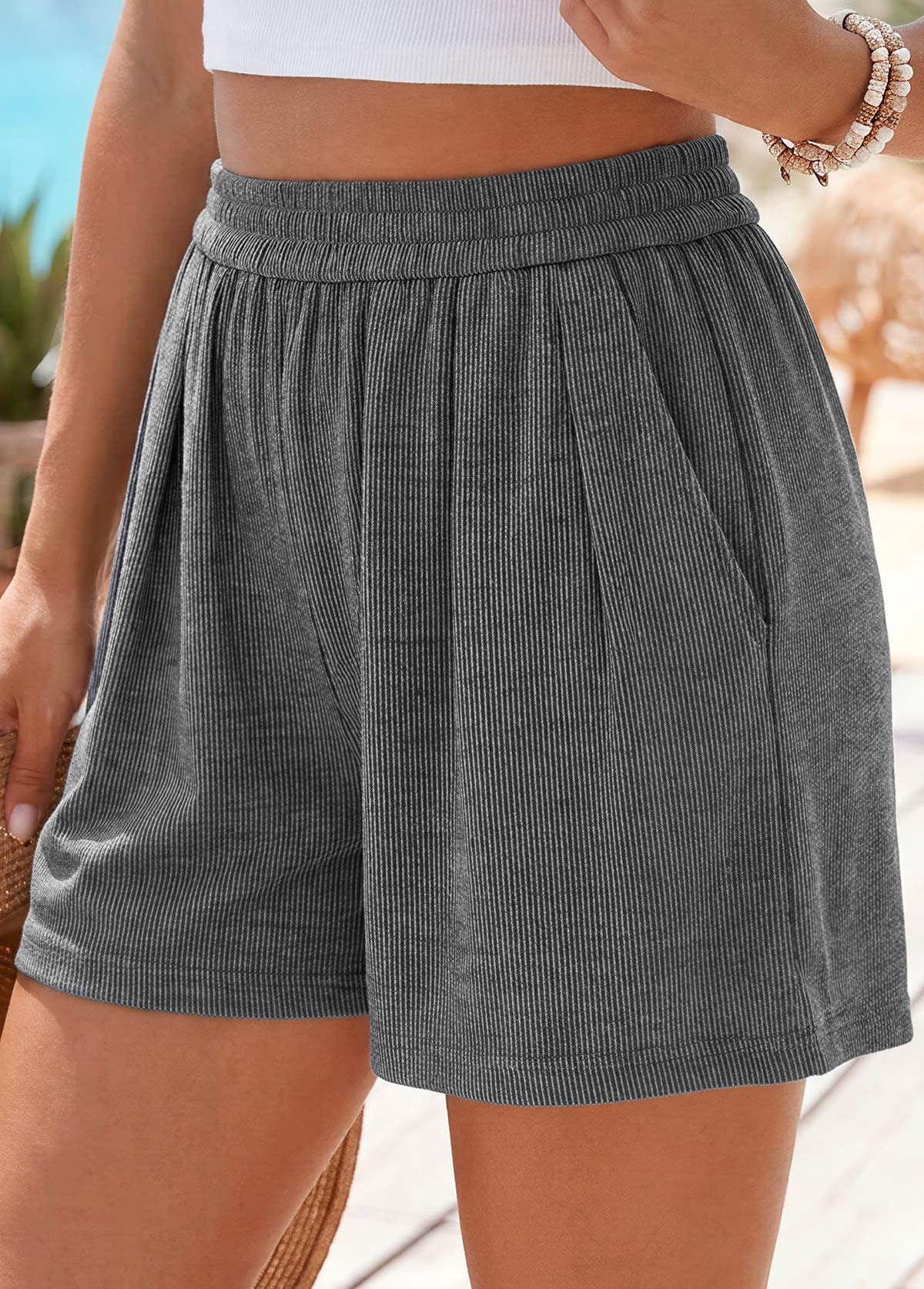 Grey Elastic Waist High Waisted Shorts | picture 