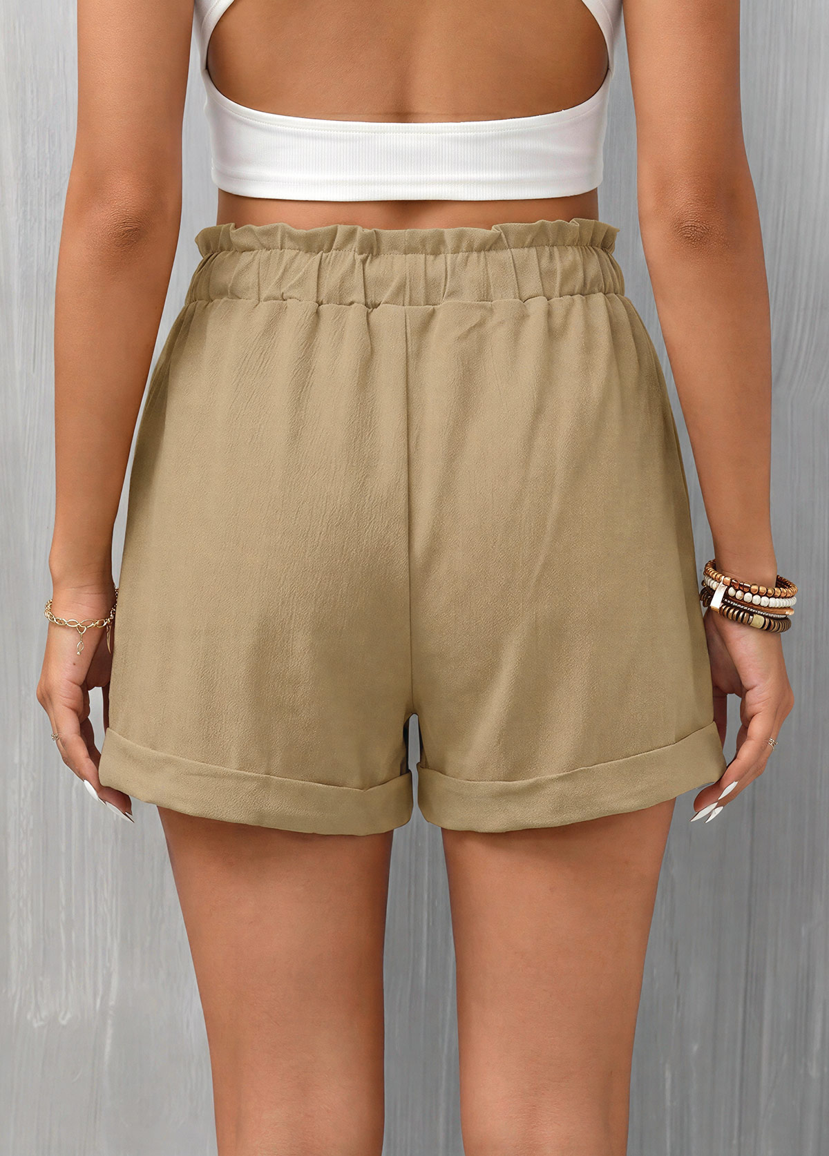 Light Camel Elastic Waist High Waisted Shorts | picture 