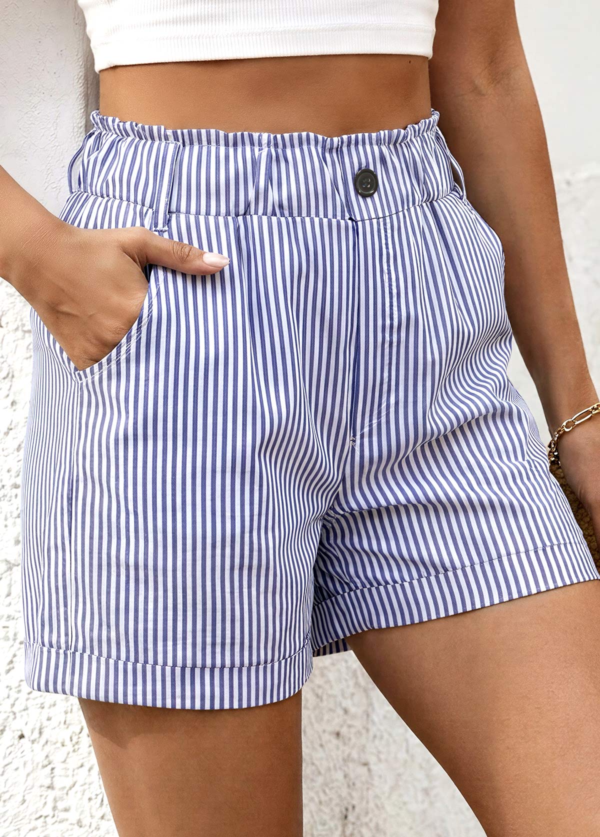 Blue Striped Elastic Waist High Waisted Shorts | picture 