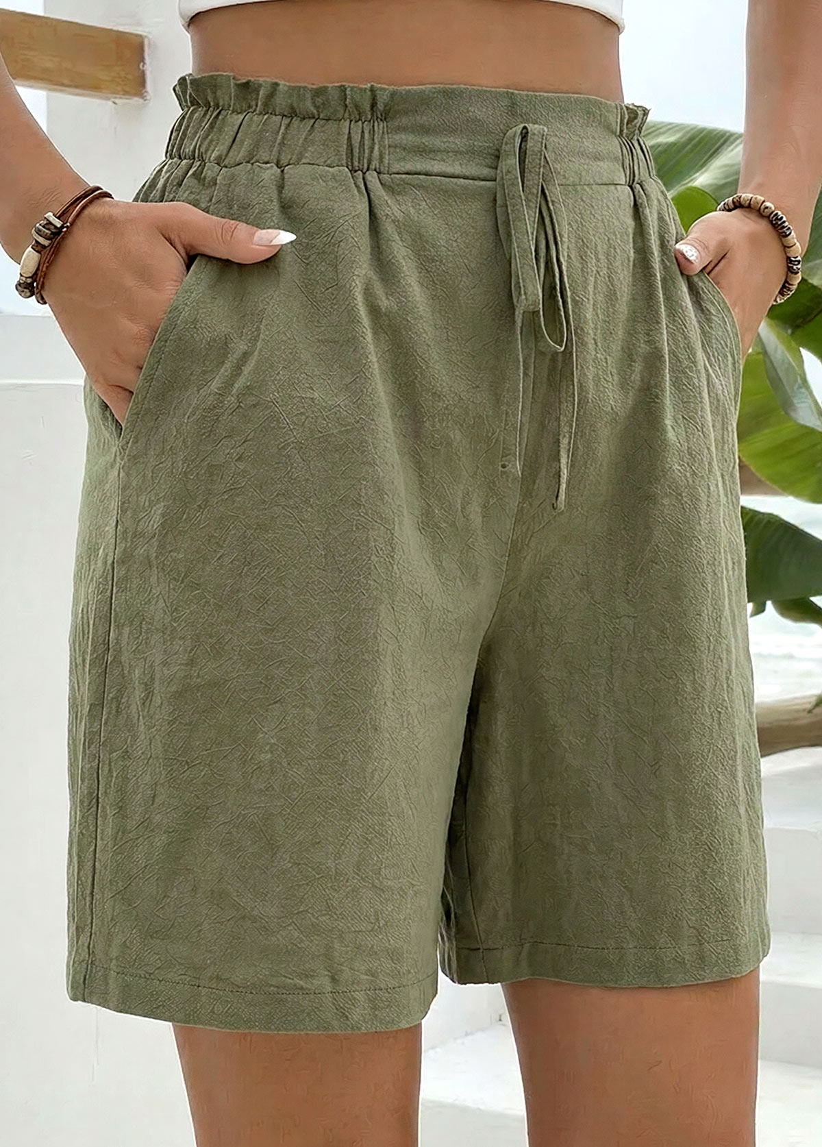Green Elastic Waist High Waisted Shorts | picture 
