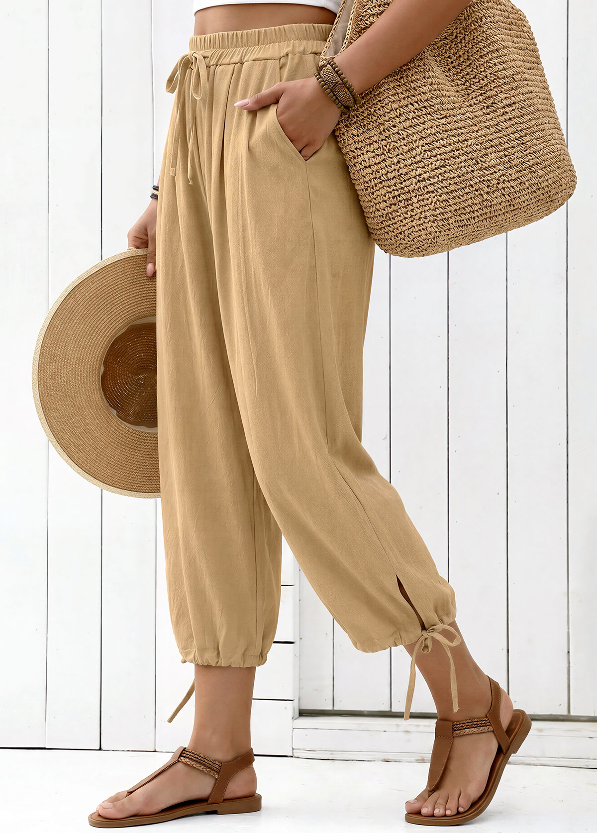 Light Camel Elastic Waist High Waisted Pants | picture 