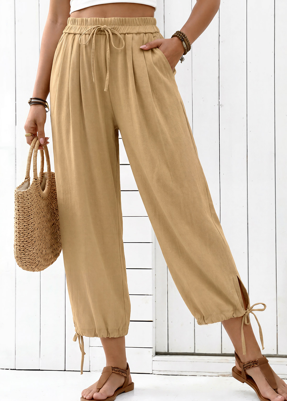 Light Camel Elastic Waist High Waisted Pants | picture 