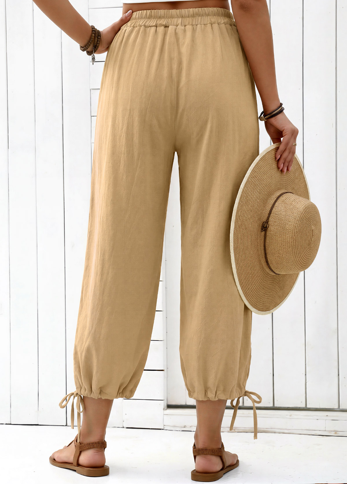 Light Camel Elastic Waist High Waisted Pants | picture 