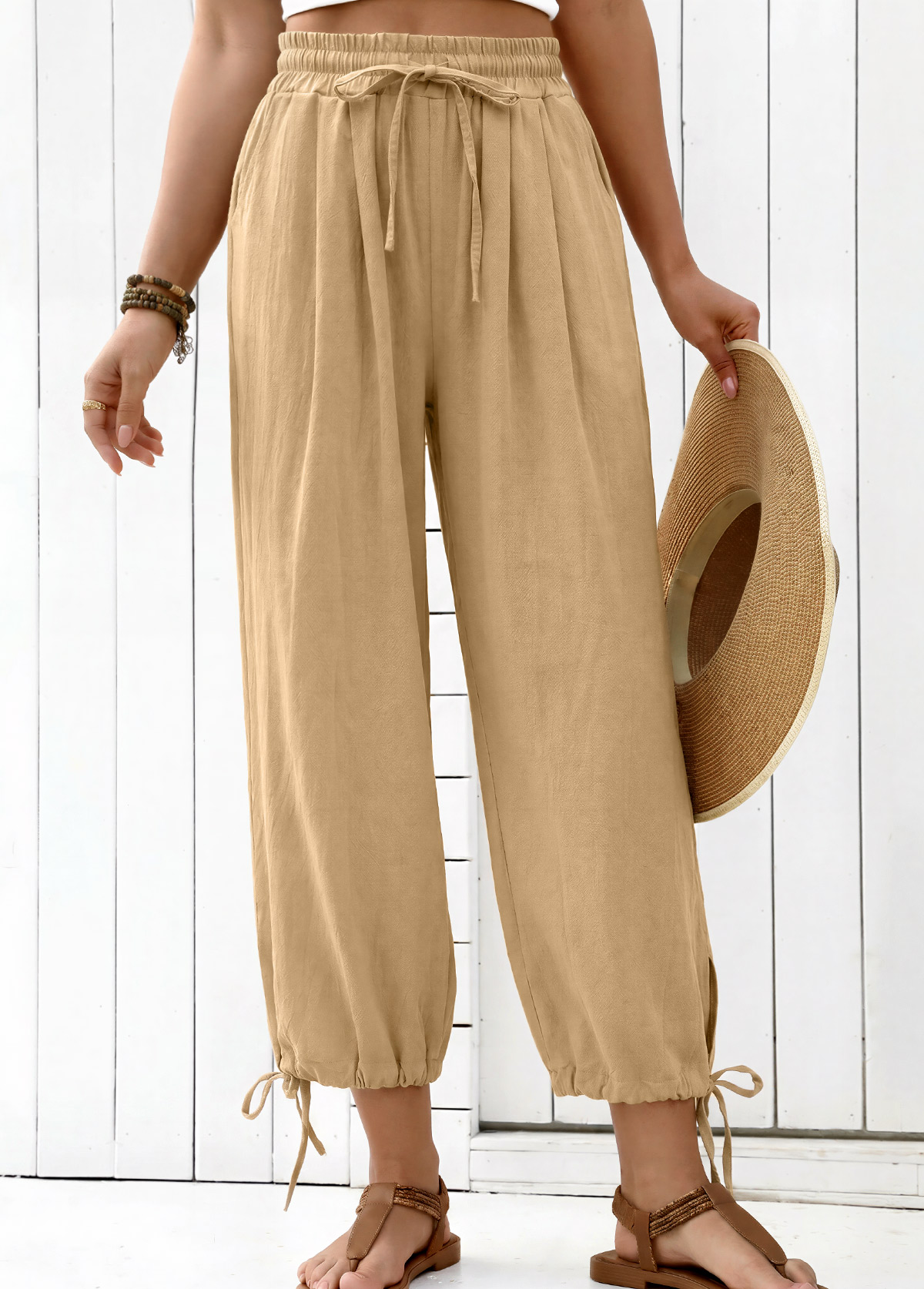 Light Camel Elastic Waist High Waisted Pants | picture 