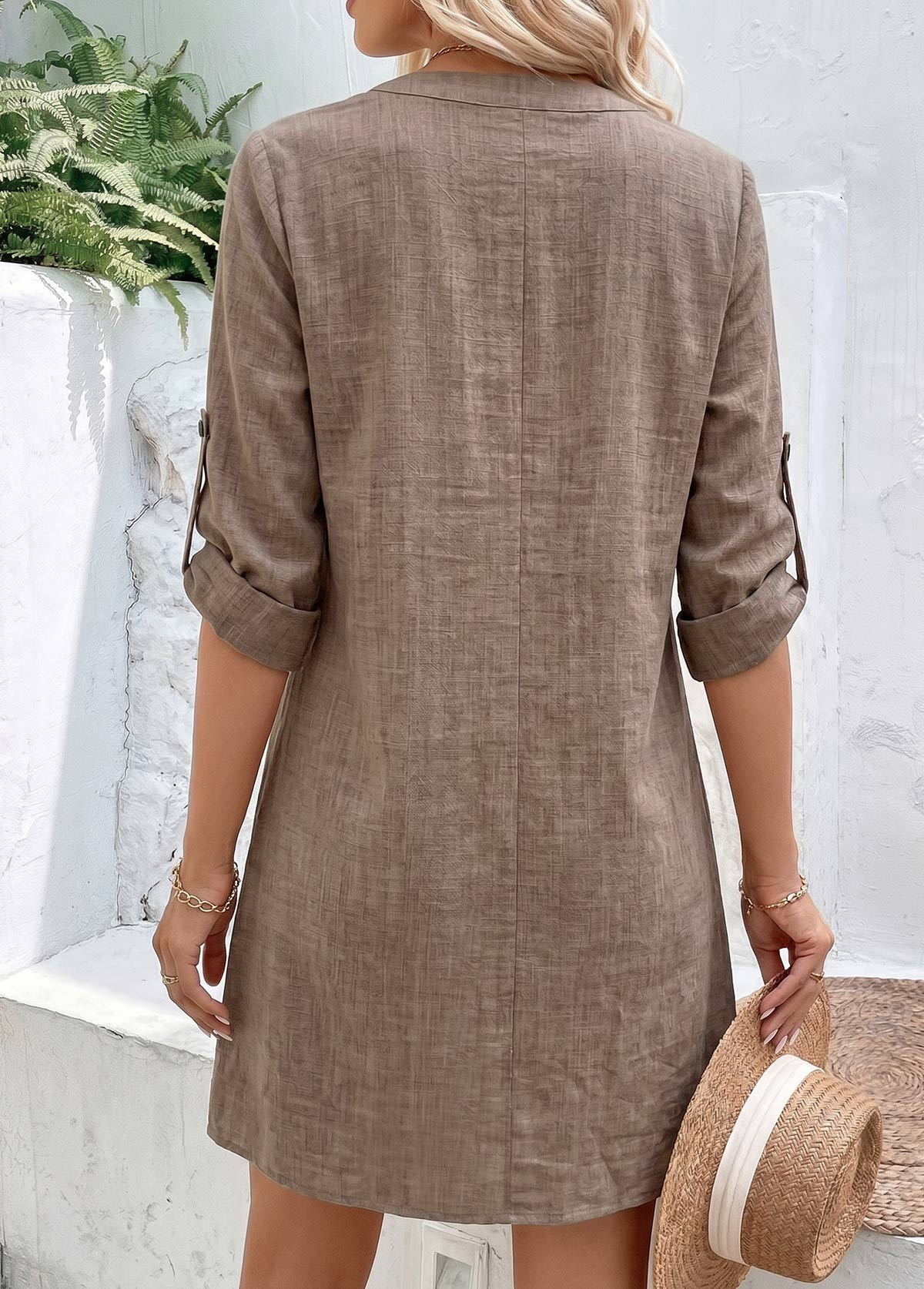 Gray Brown Short Tummy Coverage Bracelet Sleeve Dress | picture 