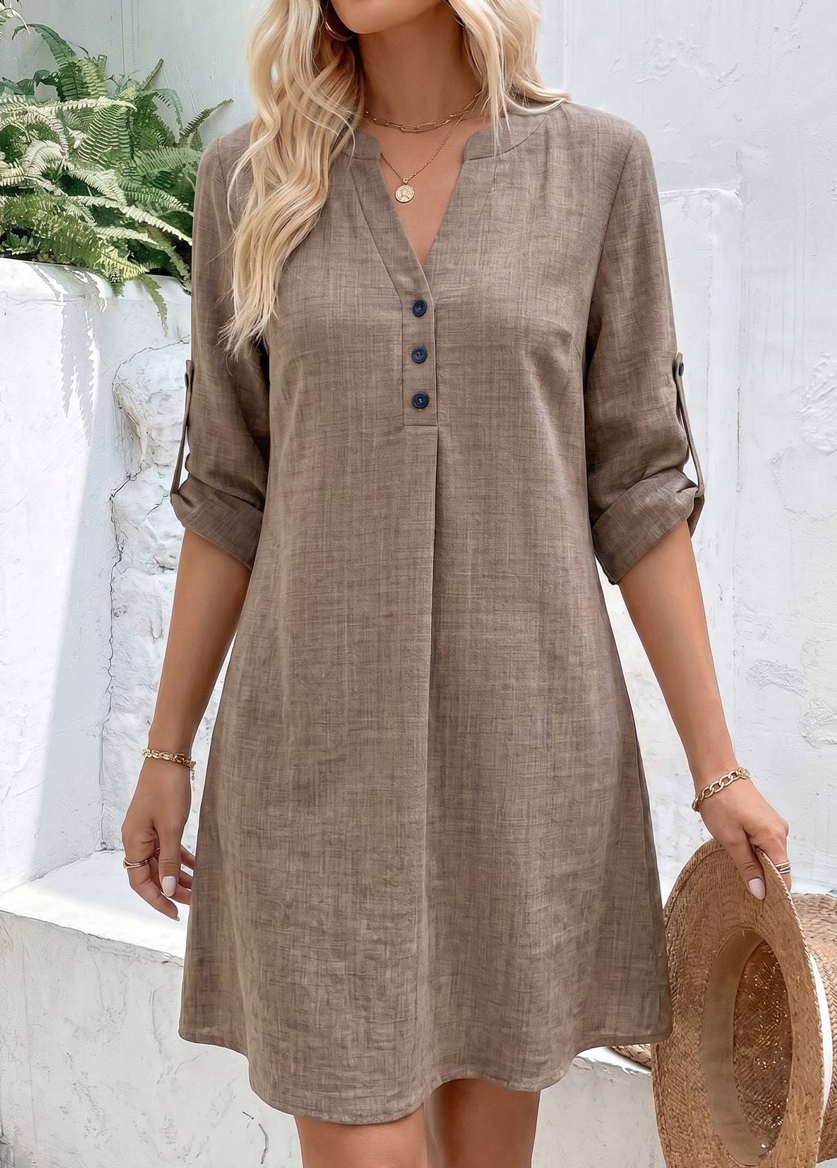 Gray Brown Short Tummy Coverage Bracelet Sleeve Dress | picture 