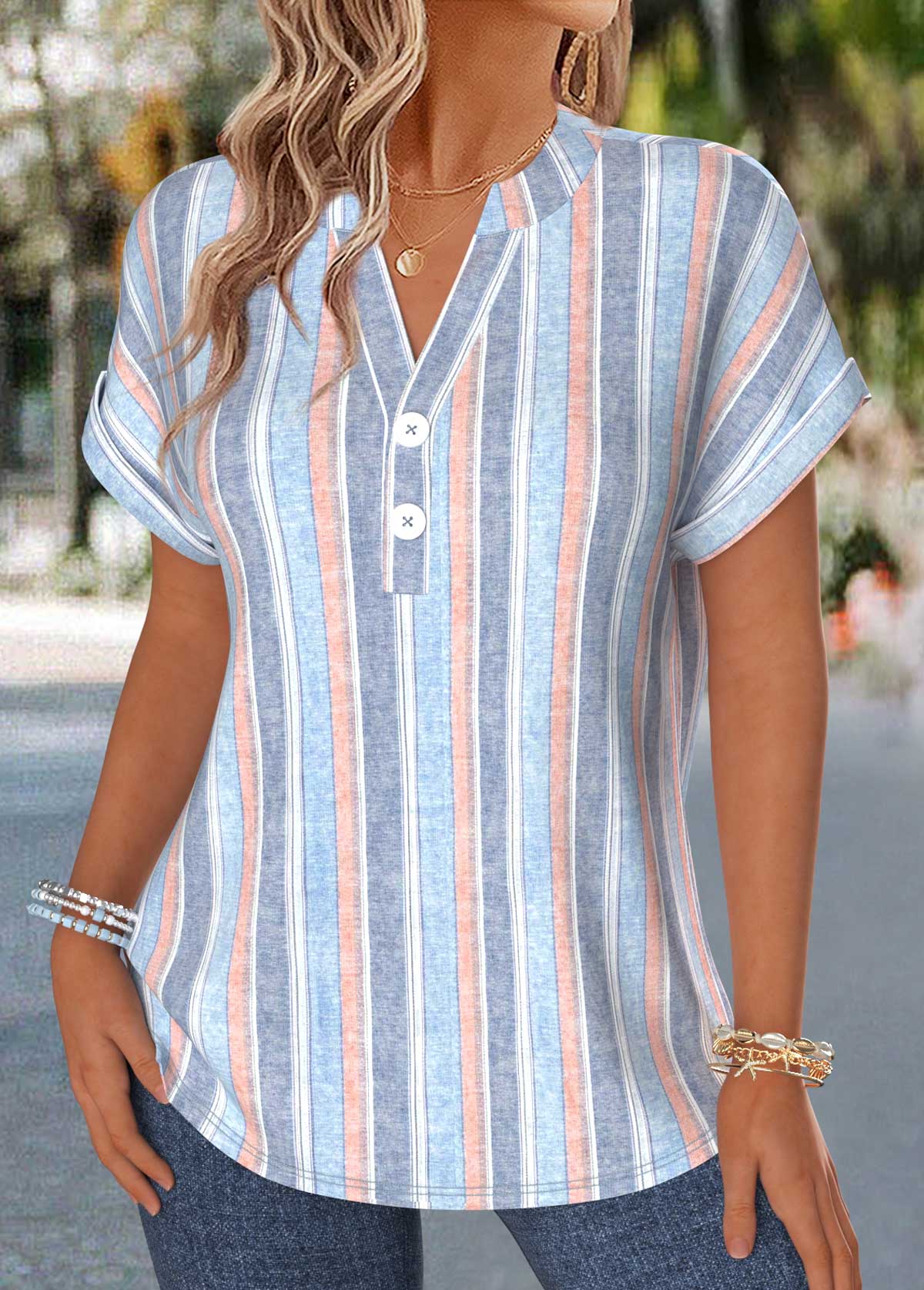 Multi Color Tummy Coverage Short Sleeve Split Neck Blouse | picture 