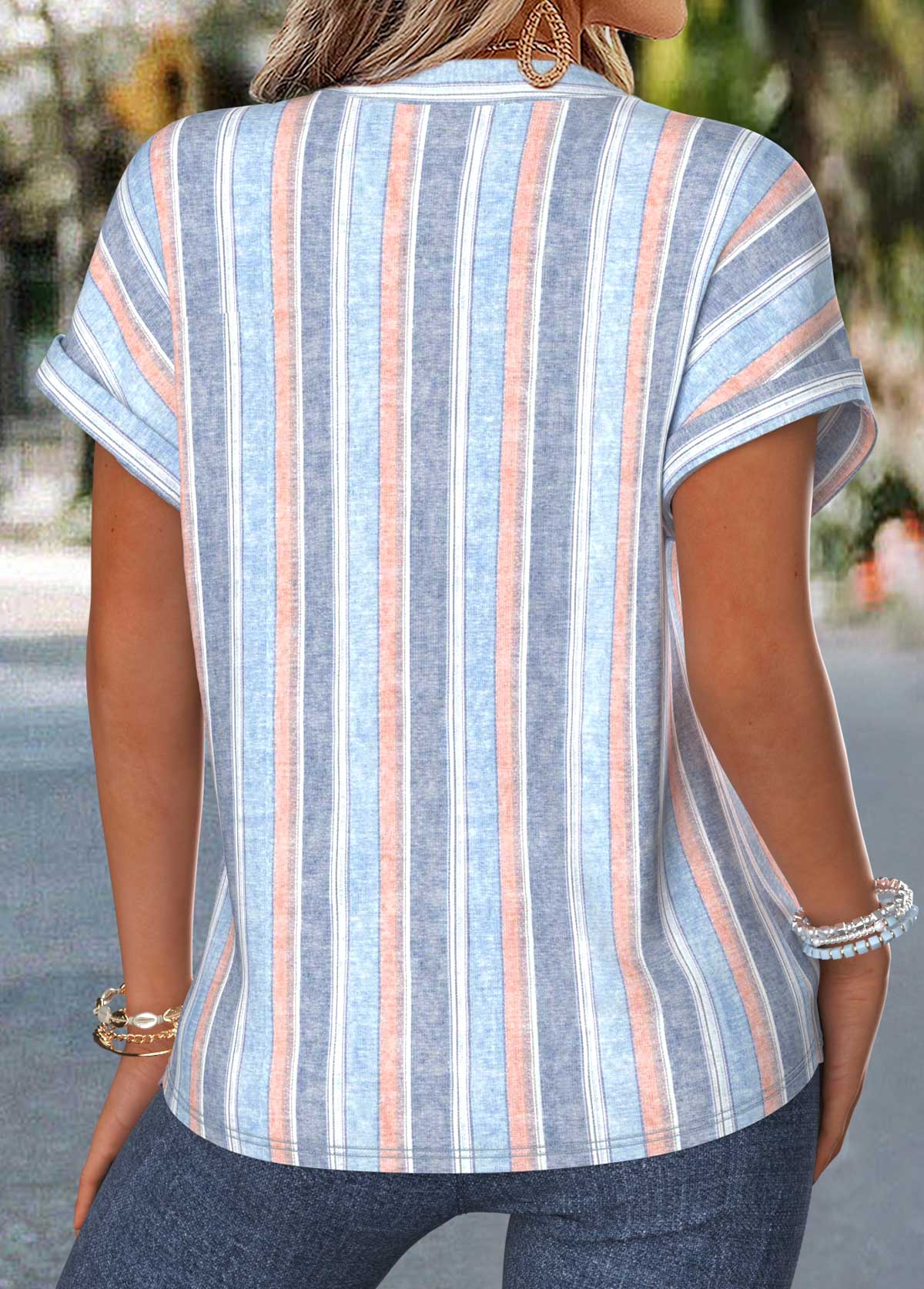 Multi Color Tummy Coverage Short Sleeve Split Neck Blouse | picture 