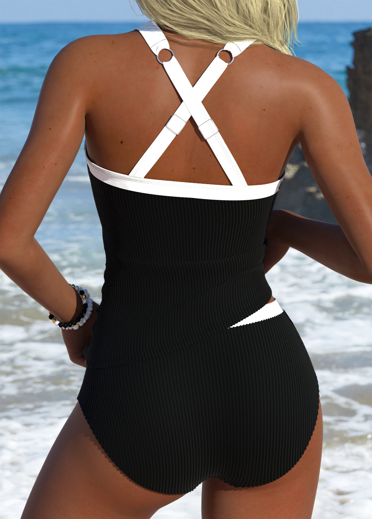 Black Mid Waisted Square Neck Tankini Set | picture 