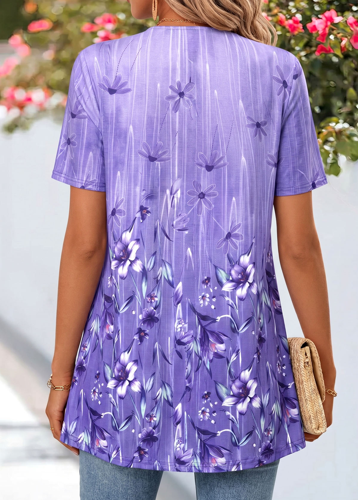 Purple Floral Print Short Sleeve Fake Two Piece Twinset | picture 