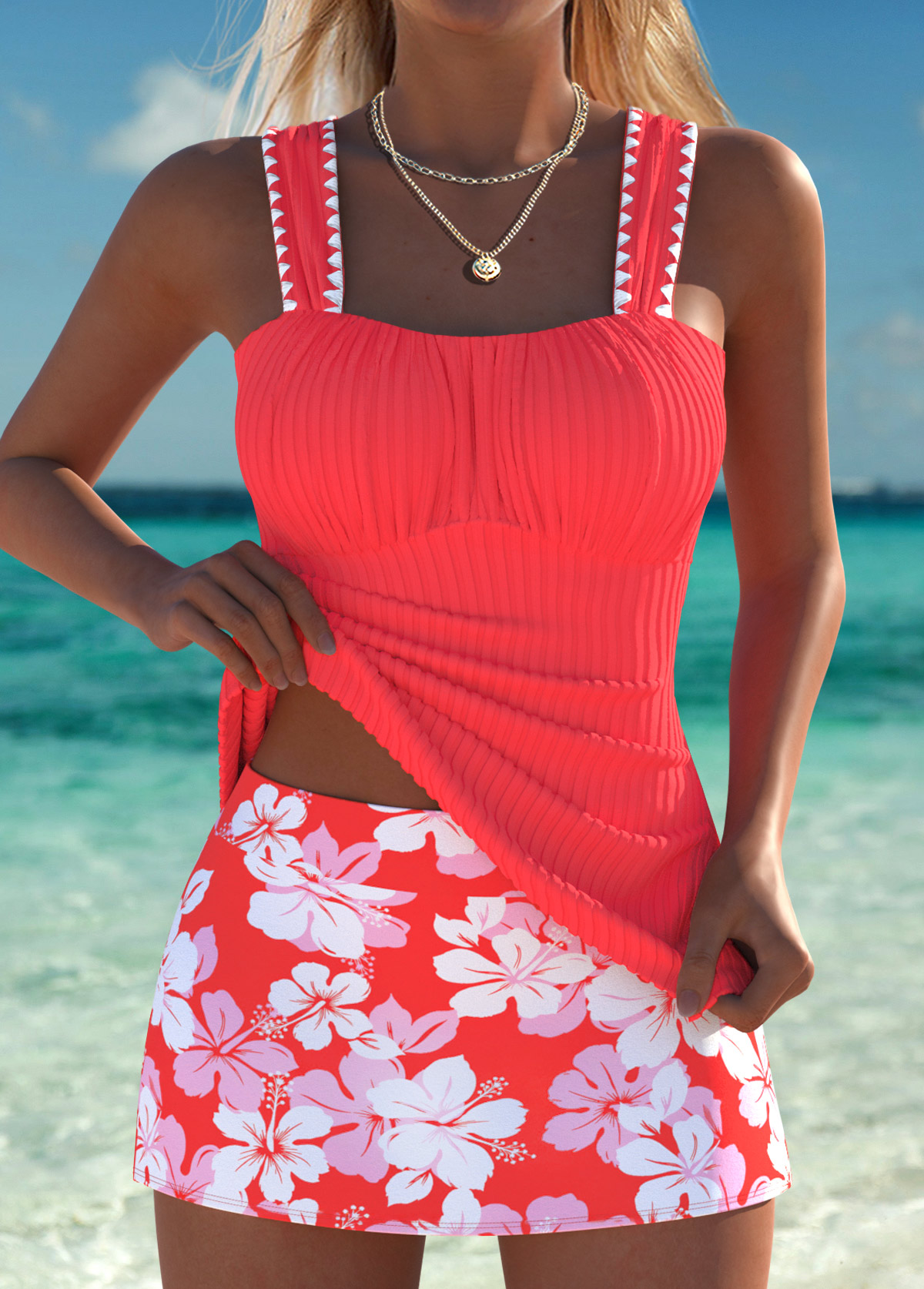 Orange Mid Waisted Ruched Floral Print Tankini Set | picture 