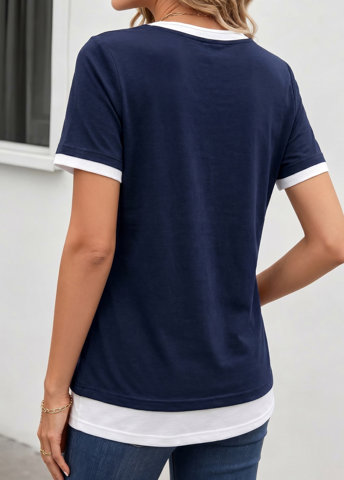 Navy Fake 2in1 Short Sleeve Round Neck T Shirt | picture 2