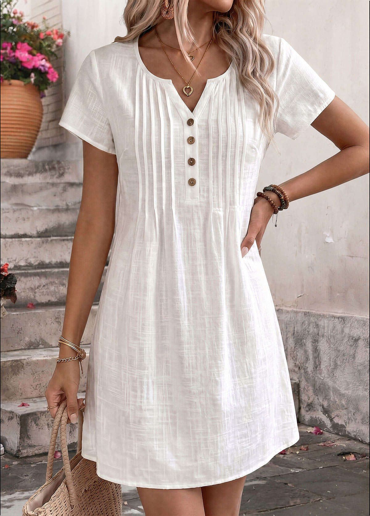 White Short Tuck Stitch Split Neck Dress | picture 
