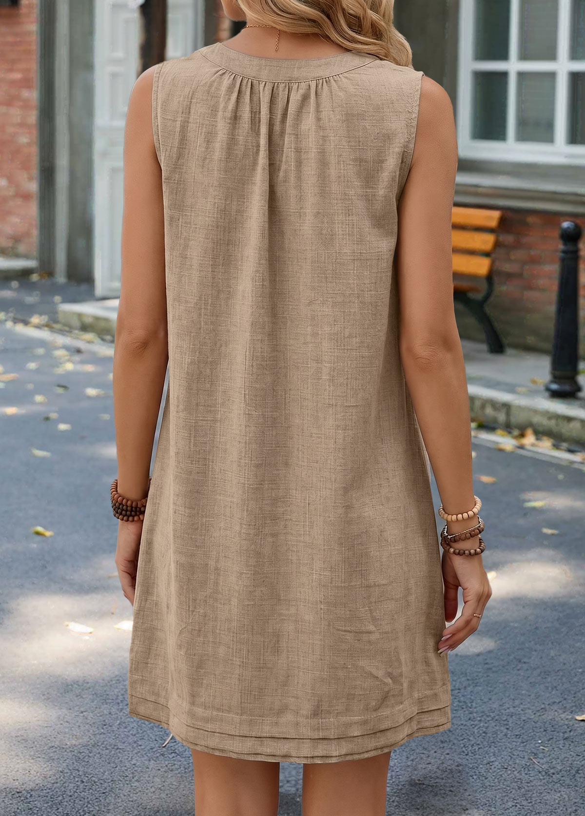 Gray Brown Short Shirred Sleeveless Split Neck Dress | picture 