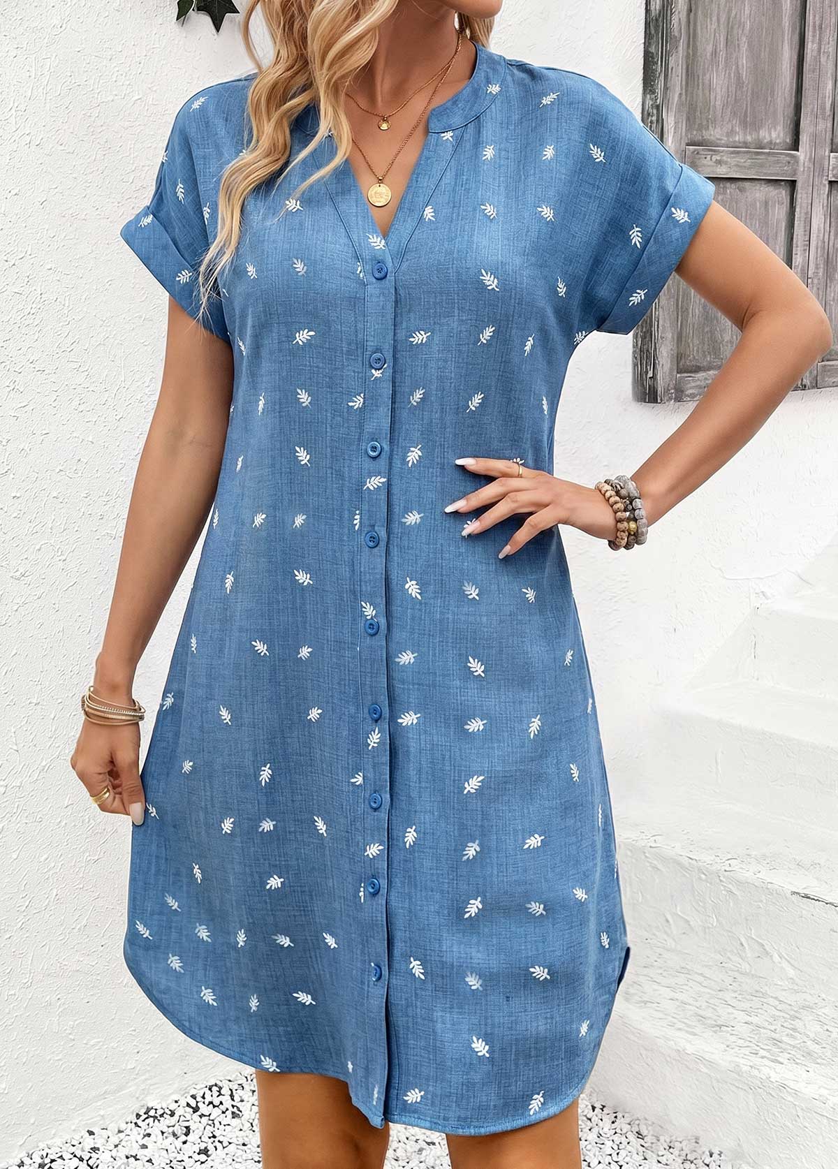 Denim Blue Leaf Print Tummy Coverage Short Sleeve Dress | picture 
