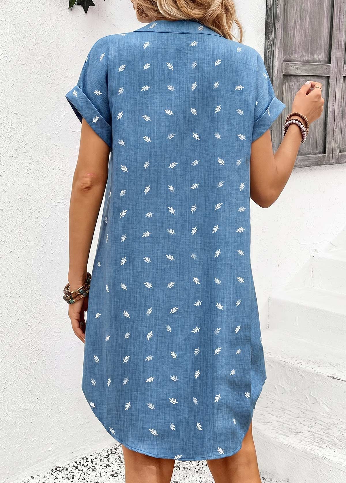 Denim Blue Leaf Print Tummy Coverage Short Sleeve Dress | picture 