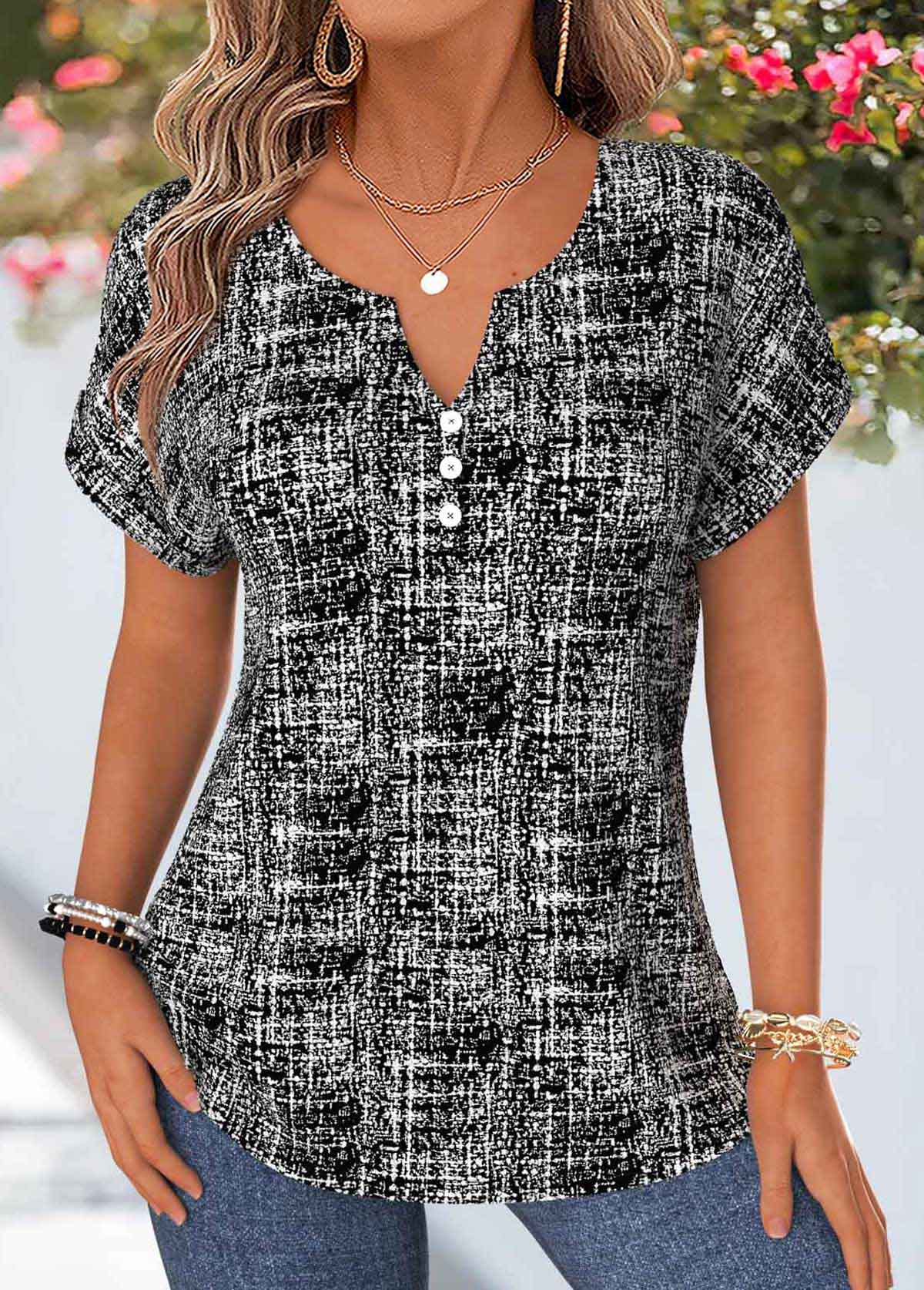 Modlily Black Geometric Print Tummy Coverage Short Sleeve Blouse - XL
