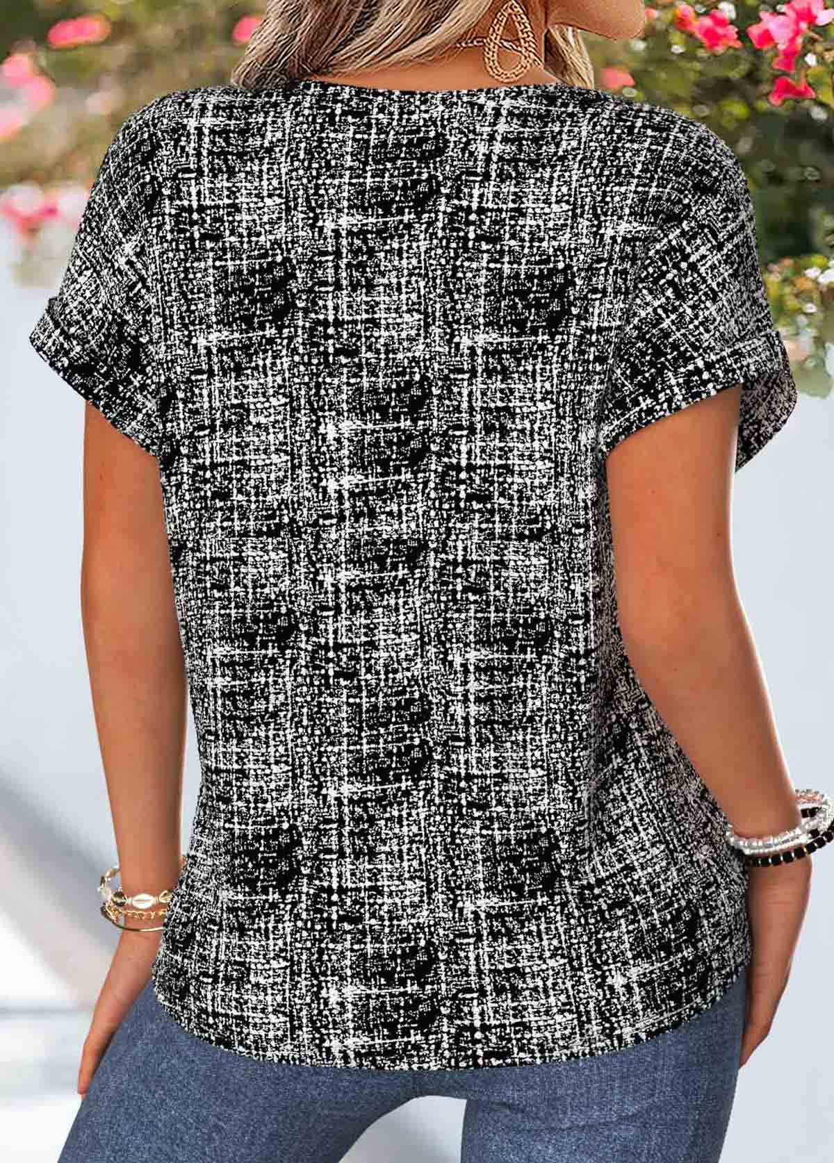 Black Geometric Print Tummy Coverage Short Sleeve Blouse | picture 