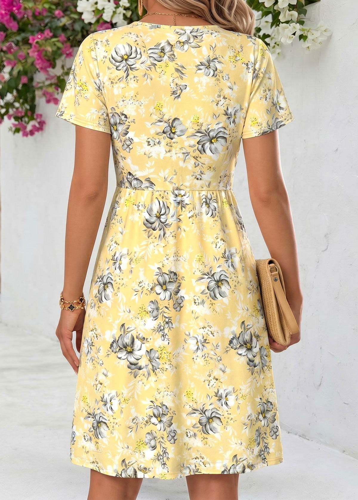 Light Yellow Floral Print Short Twist V Neck Dress | picture 