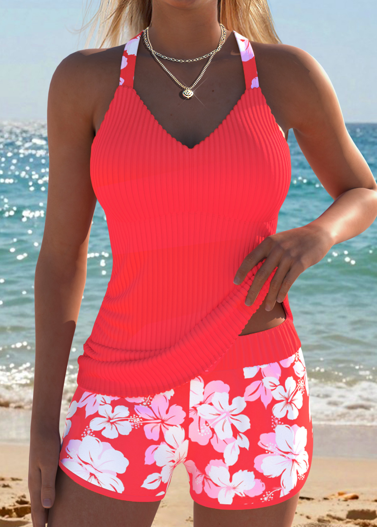 Orange Mid Waisted Two-piece Floral Print Tankini Set | picture 