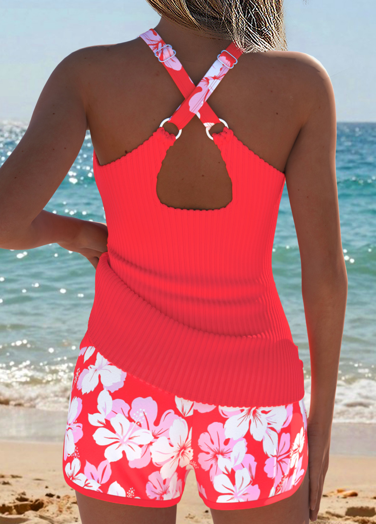 Orange Mid Waisted Two-piece Floral Print Tankini Set | picture 
