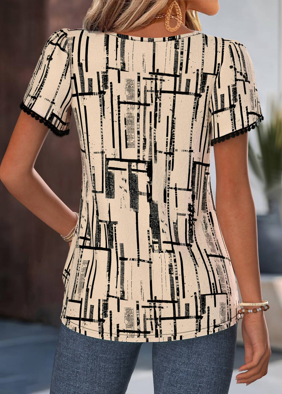 Light Camel Geometric Print Button Short Sleeve Blouse | picture 