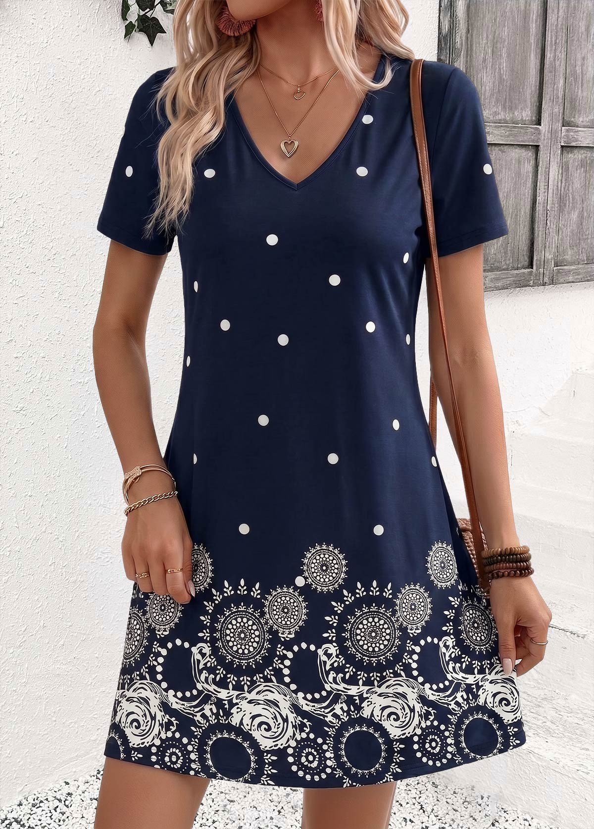 Navy Polka Dot Short Tummy Coverage V Neck Dress | picture 