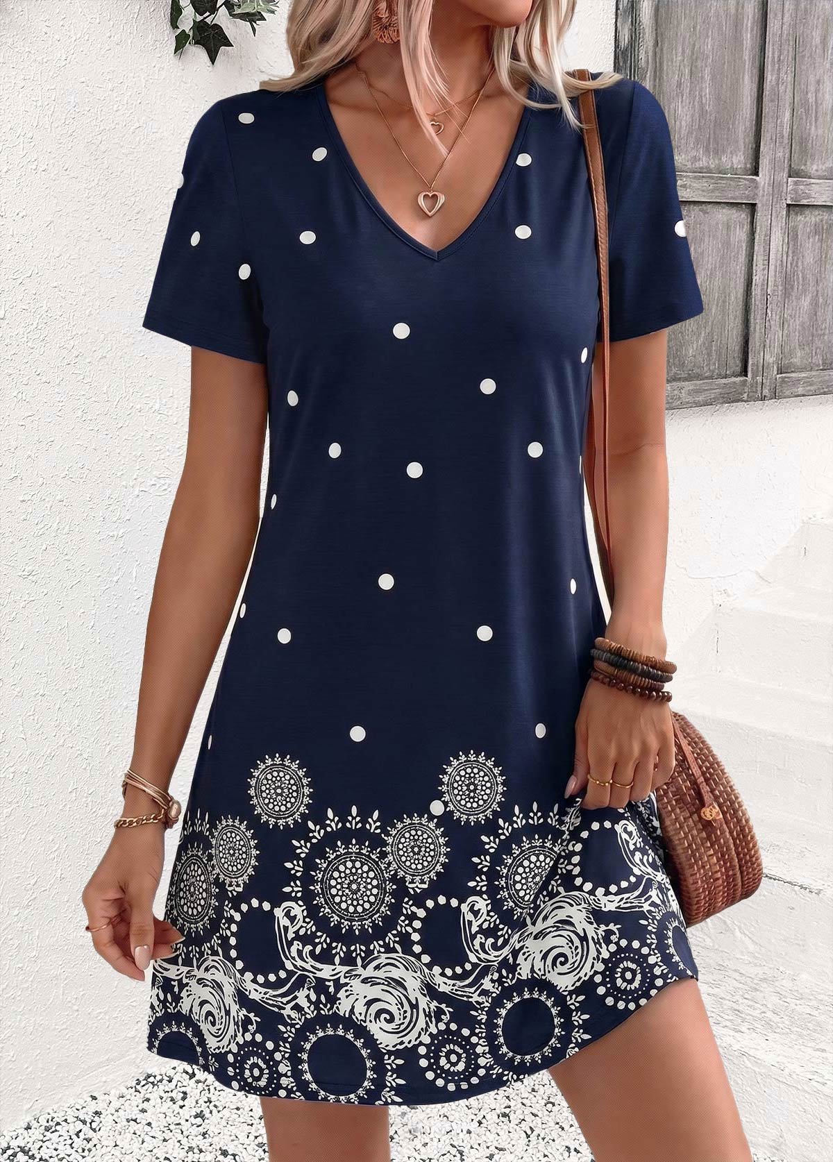 Navy Polka Dot Short Tummy Coverage V Neck Dress | picture 