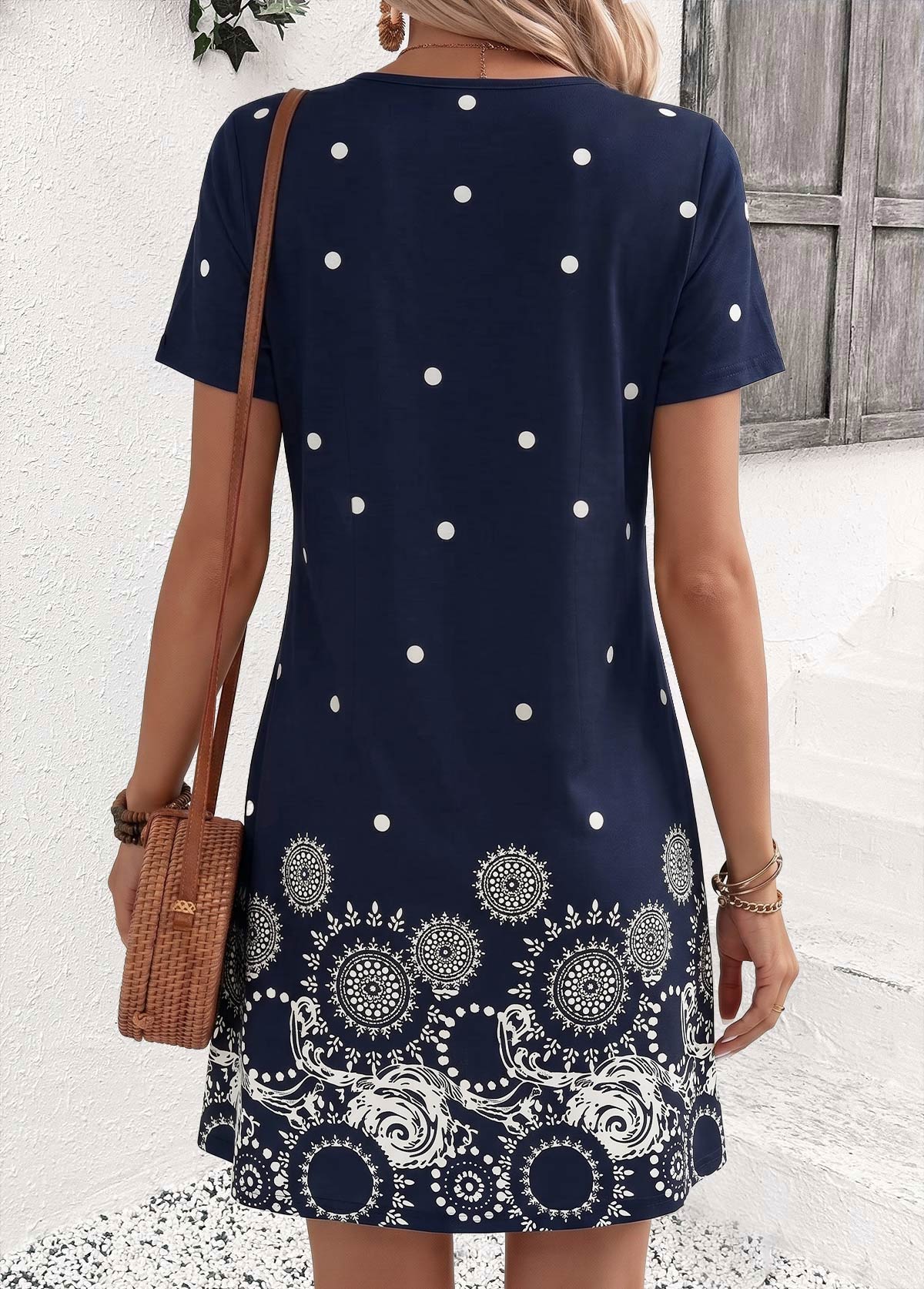 Navy Polka Dot Short Tummy Coverage V Neck Dress | picture 