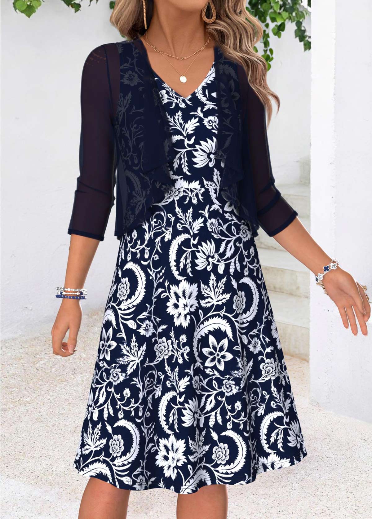 Navy Tribal Print Two-piece Short Sleeve Dress and Cardigan | picture 